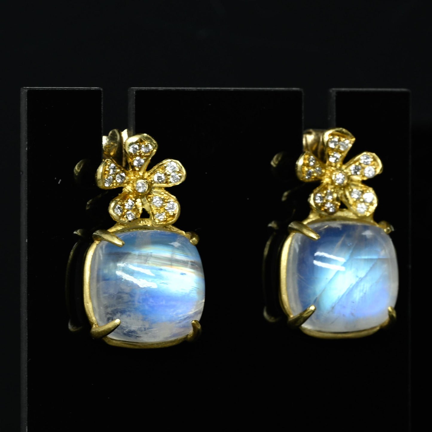 Moonstone Diamond Flower 22k Yellow Gold Earrings