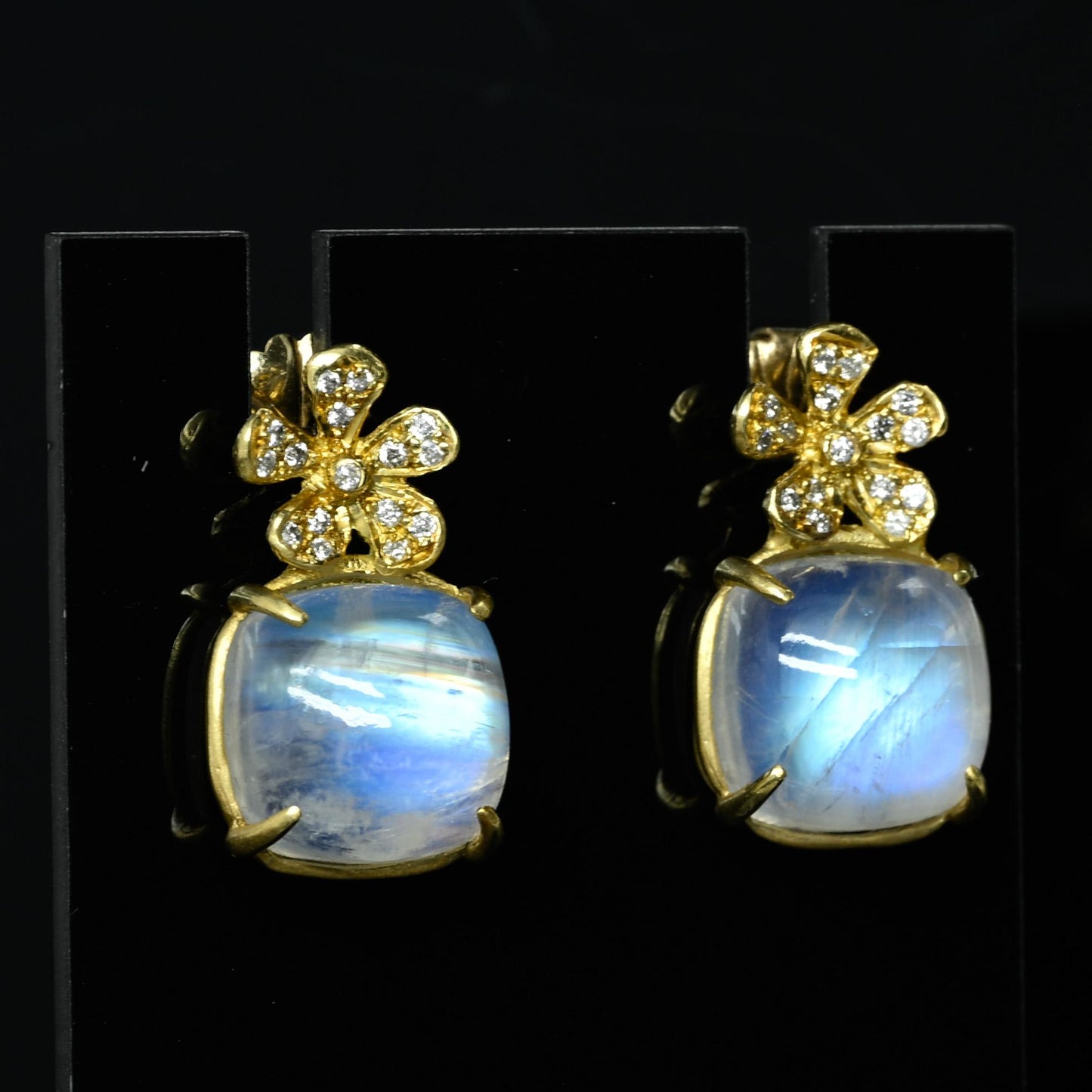 Moonstone Diamond Flower 22k Yellow Gold Earrings