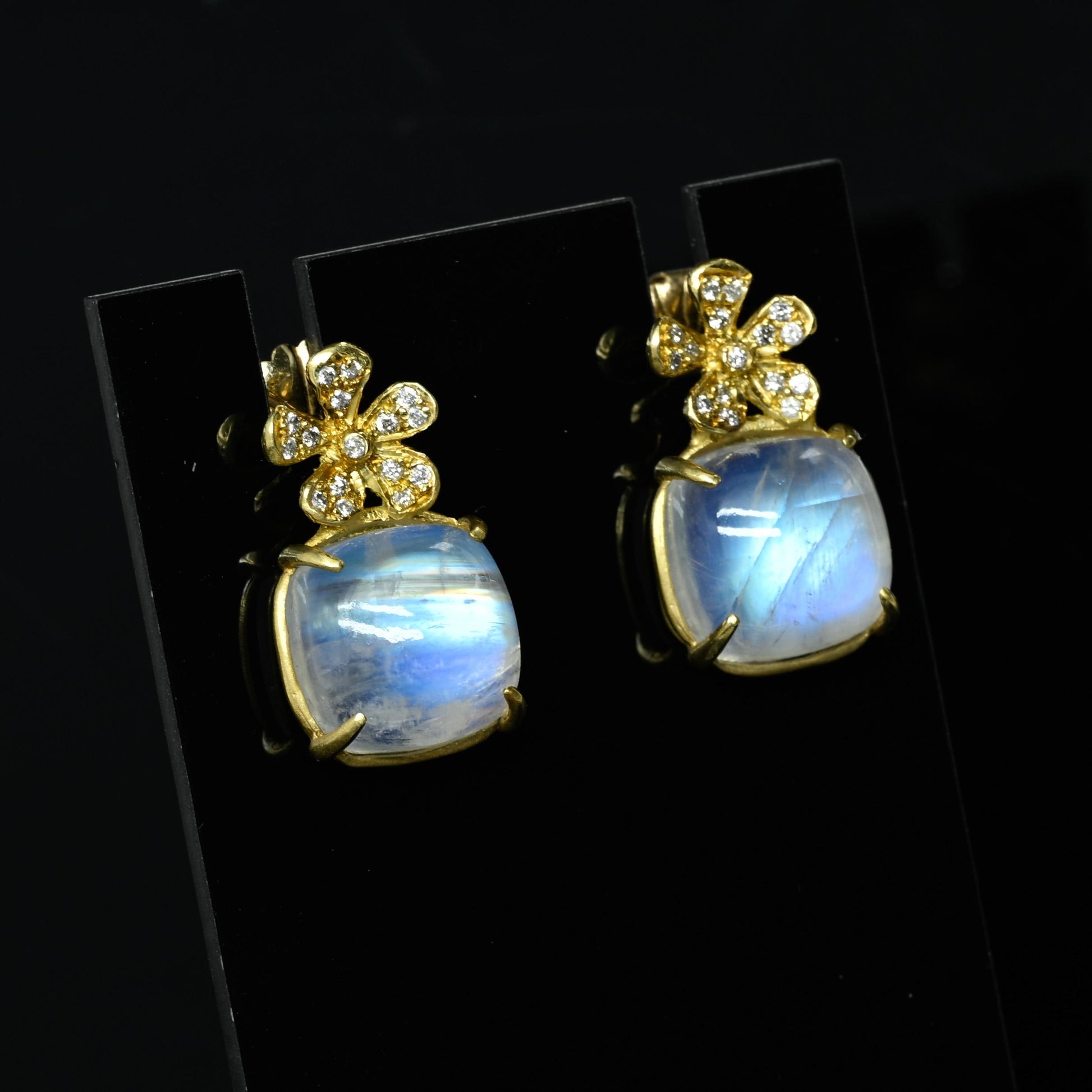 Moonstone Diamond Flower 22k Yellow Gold Earrings