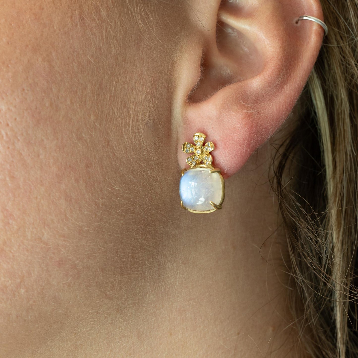 Moonstone Diamond Flower 22k Yellow Gold Earrings