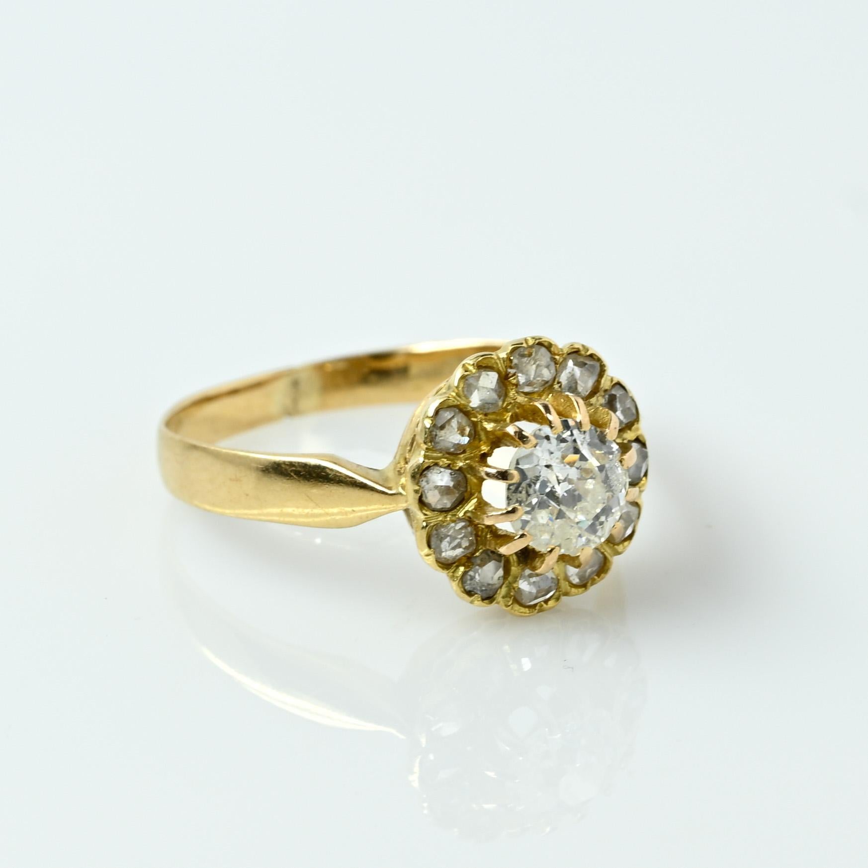 Antique Old Mine & Rose Cut Diamond Halo 18K Yellow Gold Engagement Ring