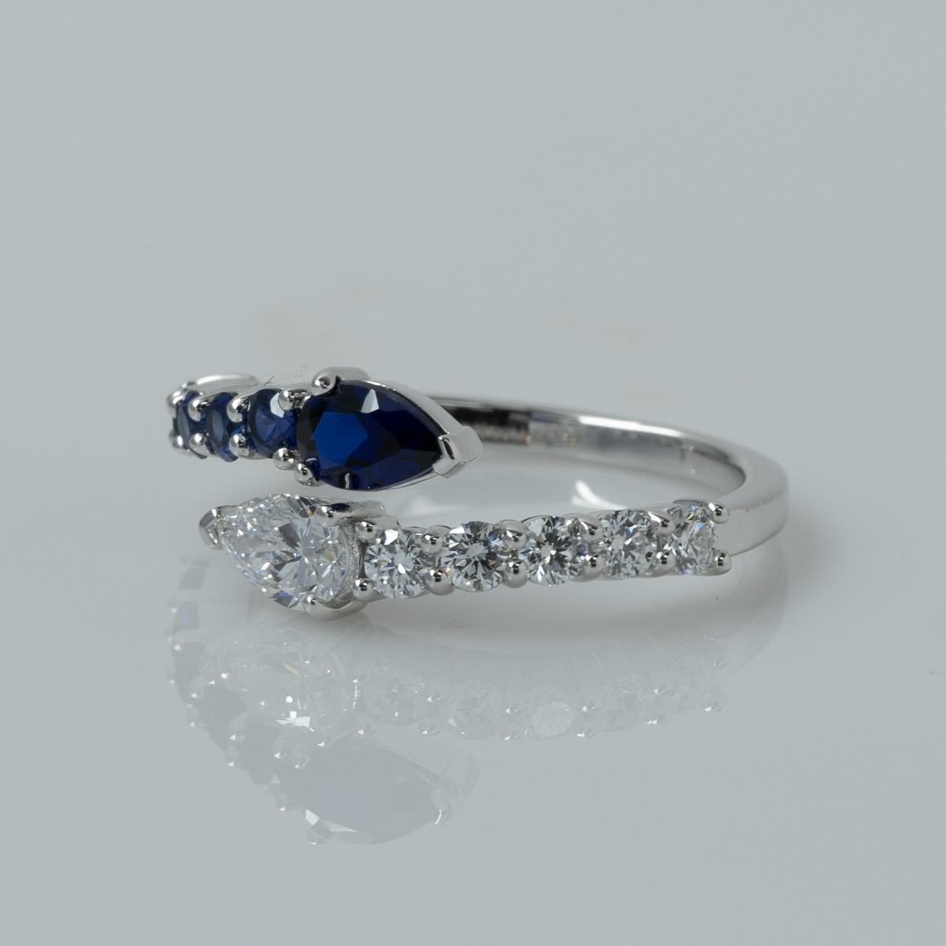 New Lab Diamond & Blue Sapphire Pear "Snake" Bypass Ring in 14k White Gold