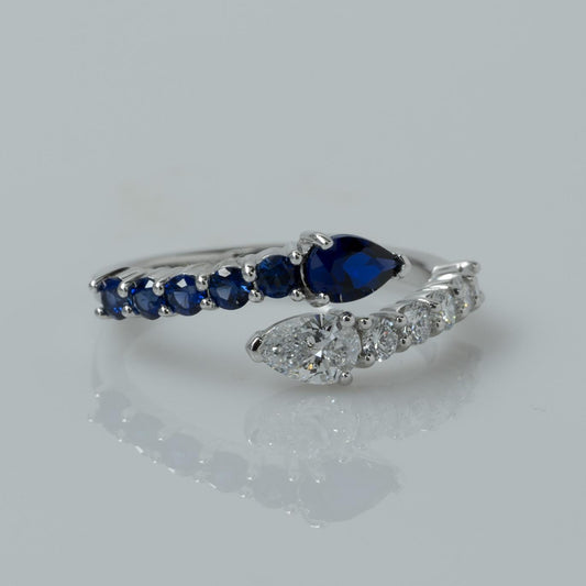 New Lab Diamond & Blue Sapphire Pear "Snake" Bypass Ring in 14k White Gold