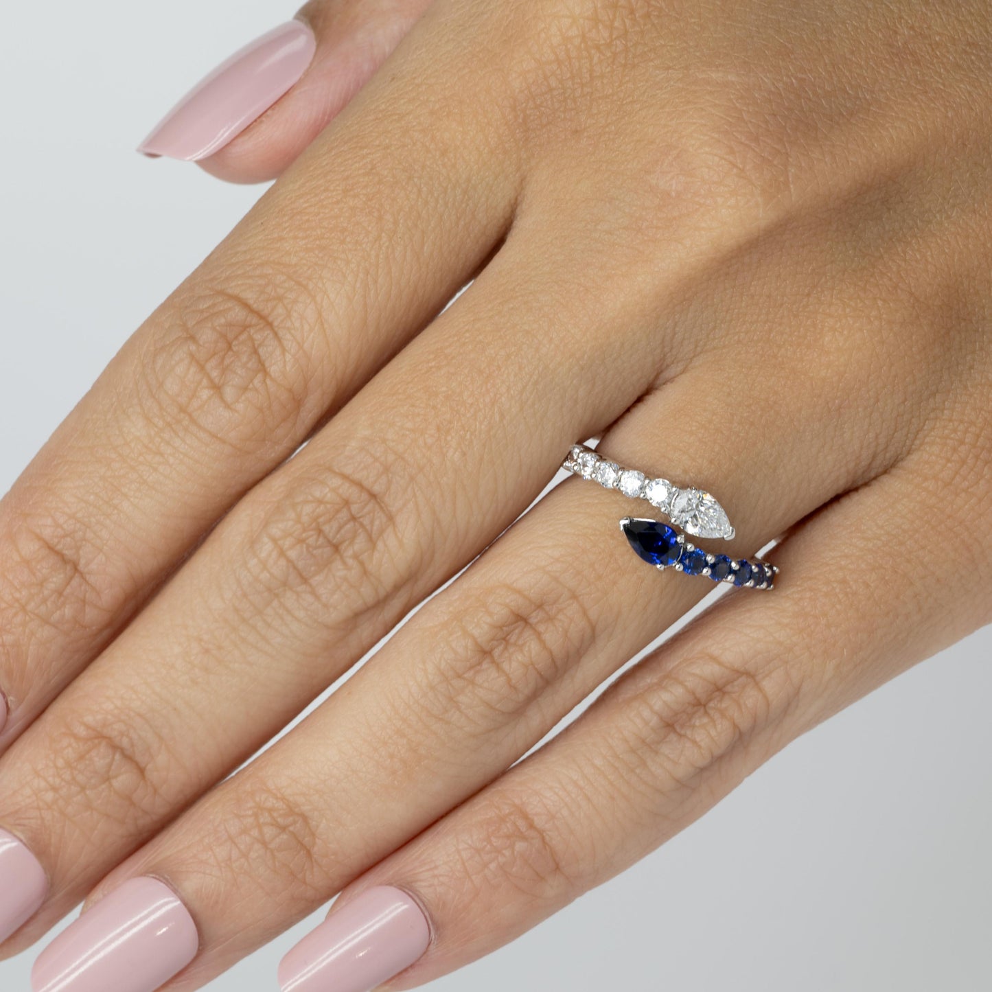 New Lab Diamond & Blue Sapphire Pear "Snake" Bypass Ring in 14k White Gold