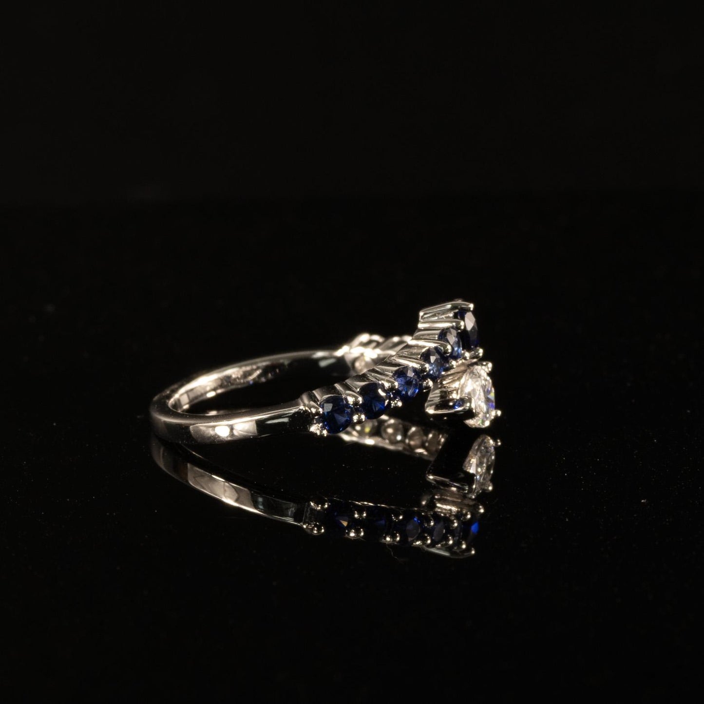 New Lab Diamond & Blue Sapphire Pear "Snake" Bypass Ring in 14k White Gold