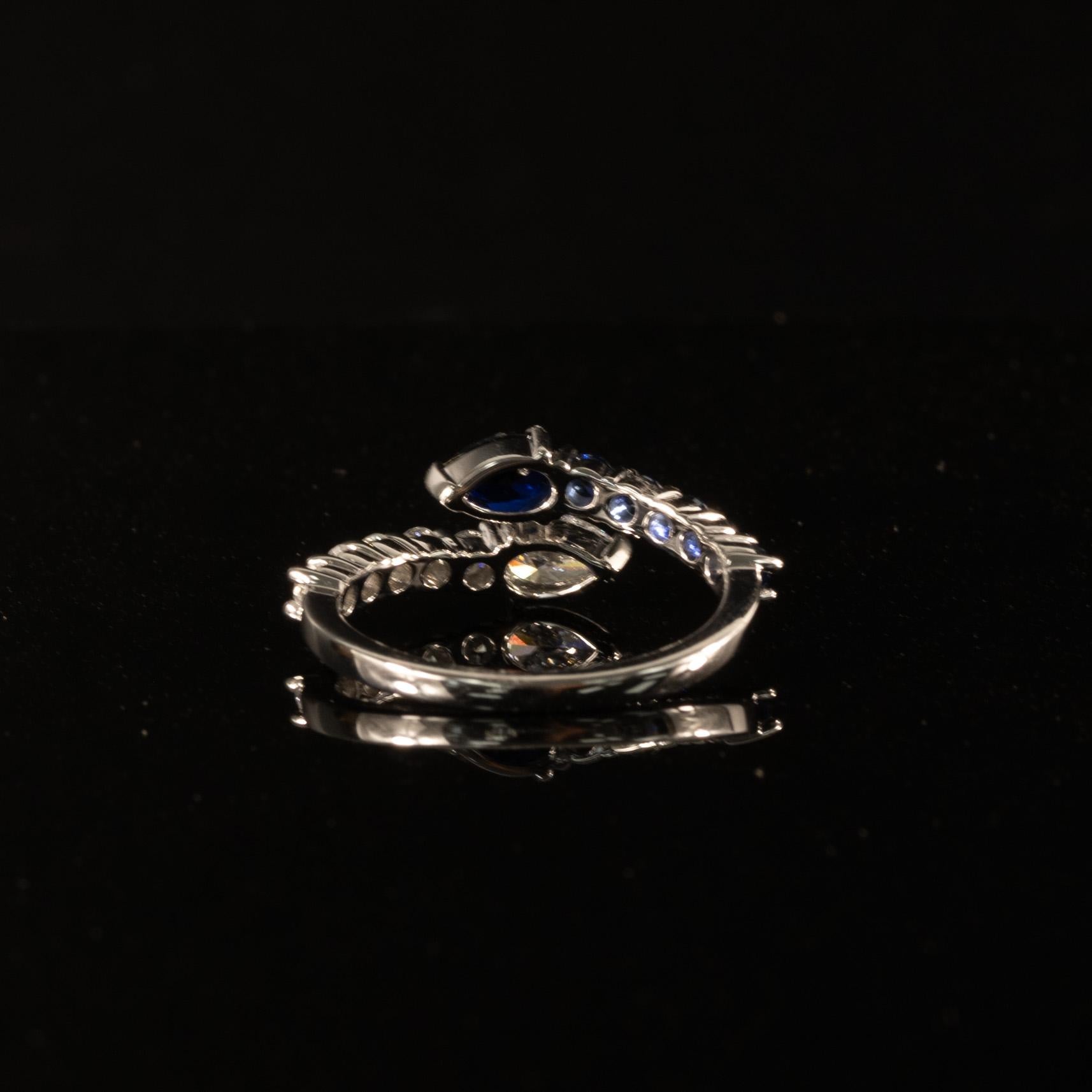 New Lab Diamond & Blue Sapphire Pear "Snake" Bypass Ring in 14k White Gold