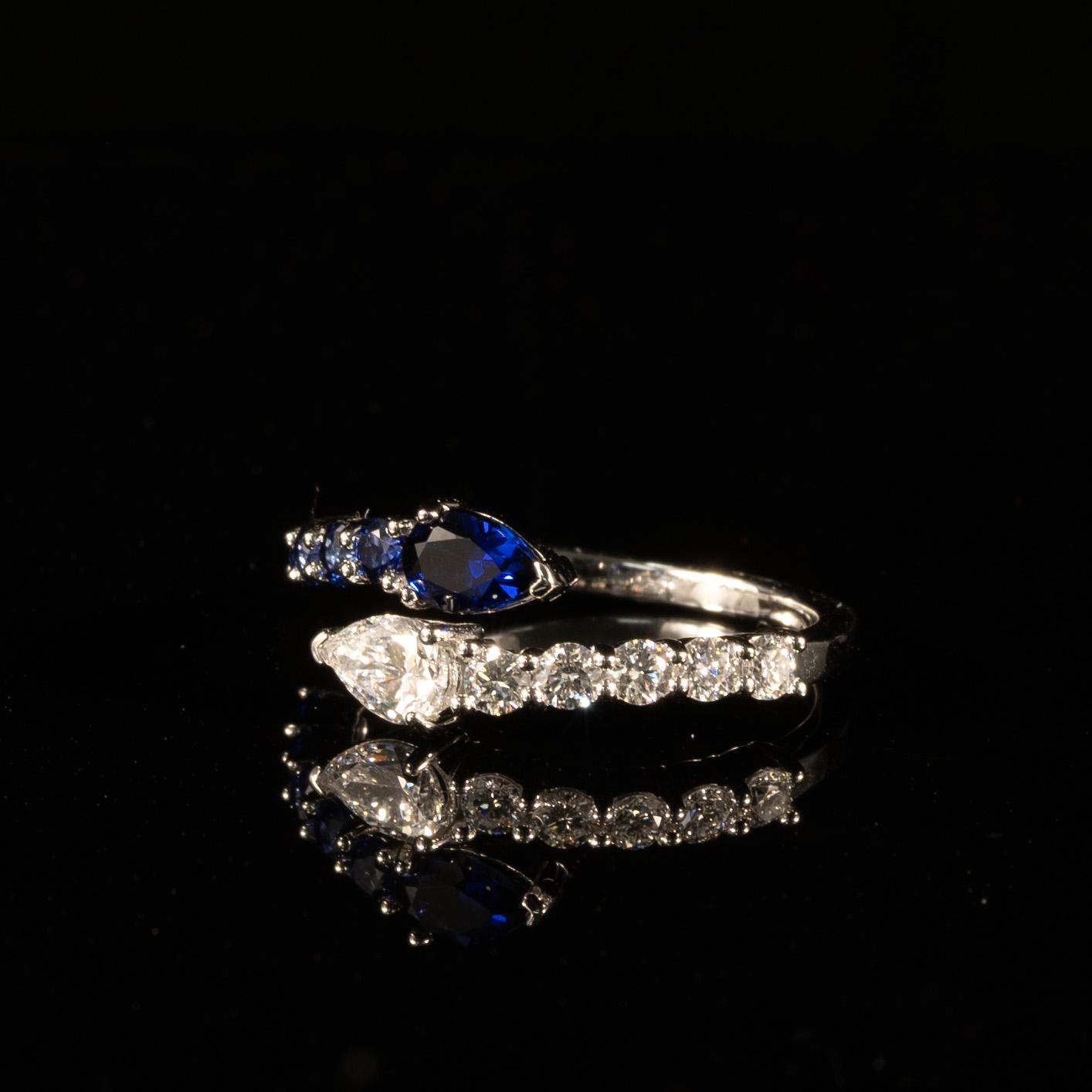 New Lab Diamond & Blue Sapphire Pear "Snake" Bypass Ring in 14k White Gold