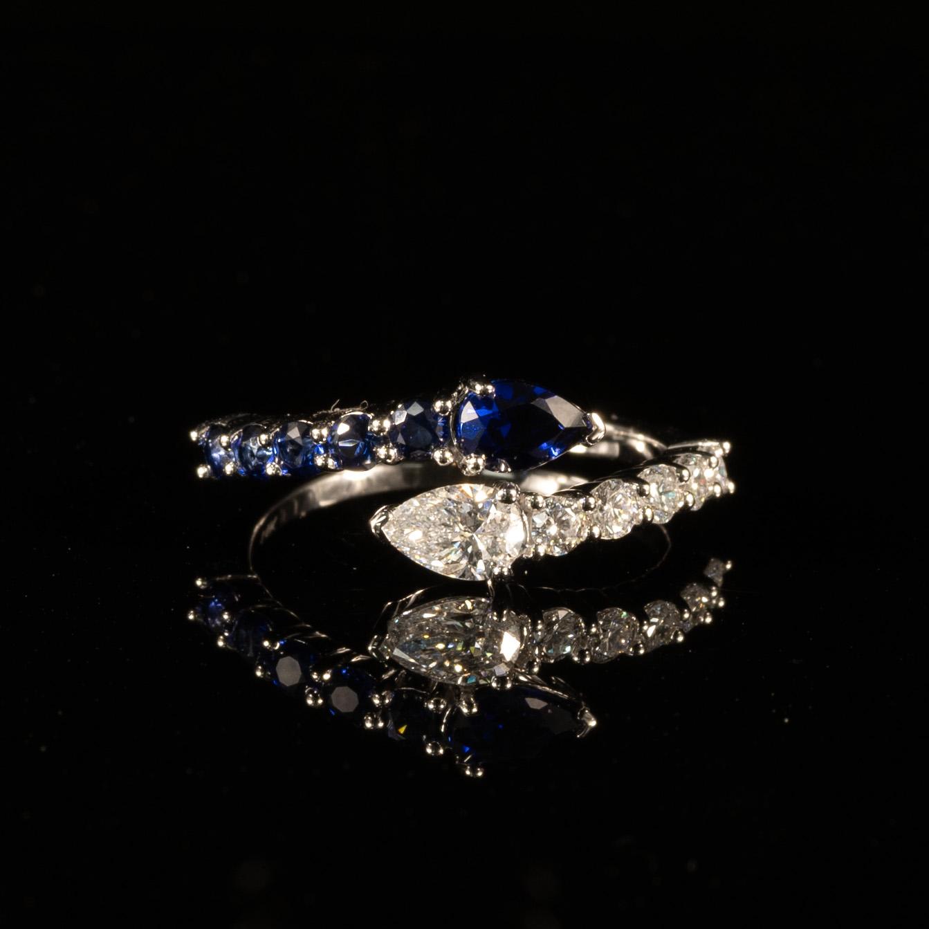 New Lab Diamond & Blue Sapphire Pear "Snake" Bypass Ring in 14k White Gold