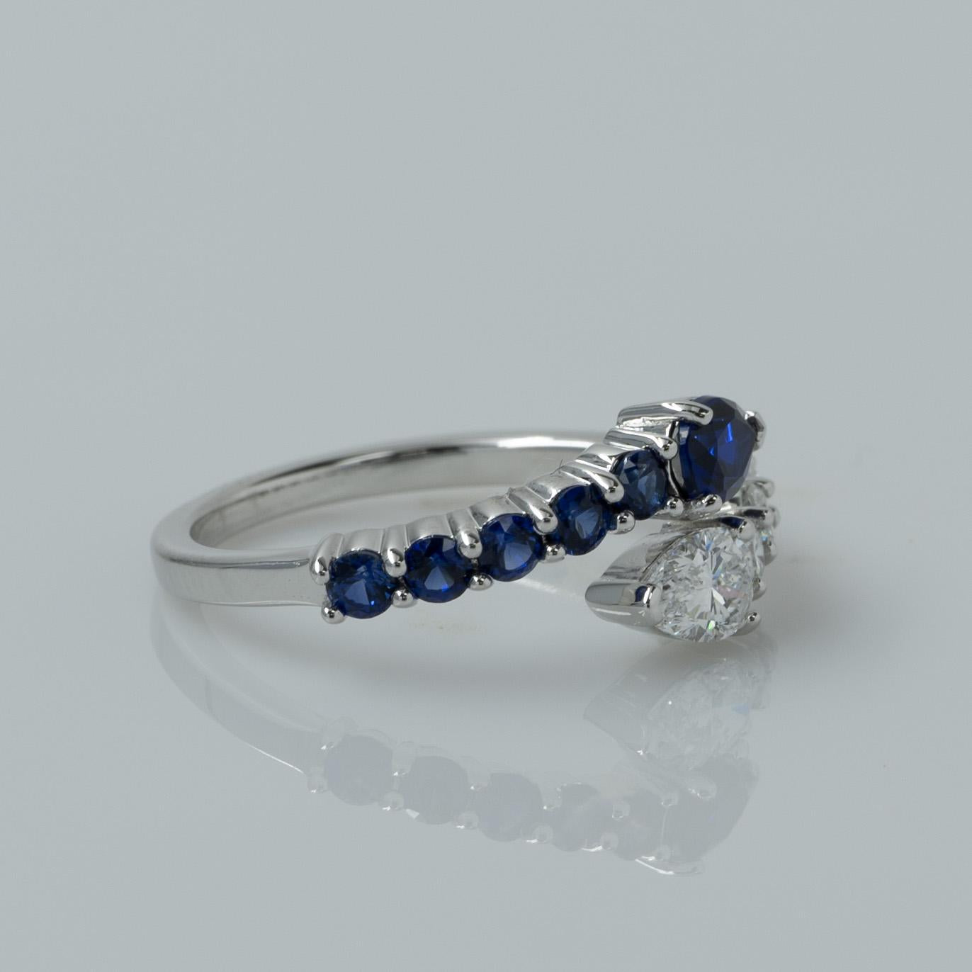 New Lab Diamond & Blue Sapphire Pear "Snake" Bypass Ring in 14k White Gold