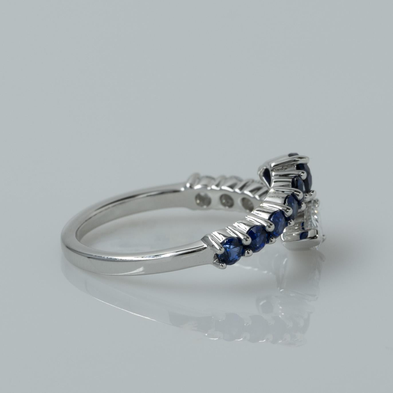 New Lab Diamond & Blue Sapphire Pear "Snake" Bypass Ring in 14k White Gold