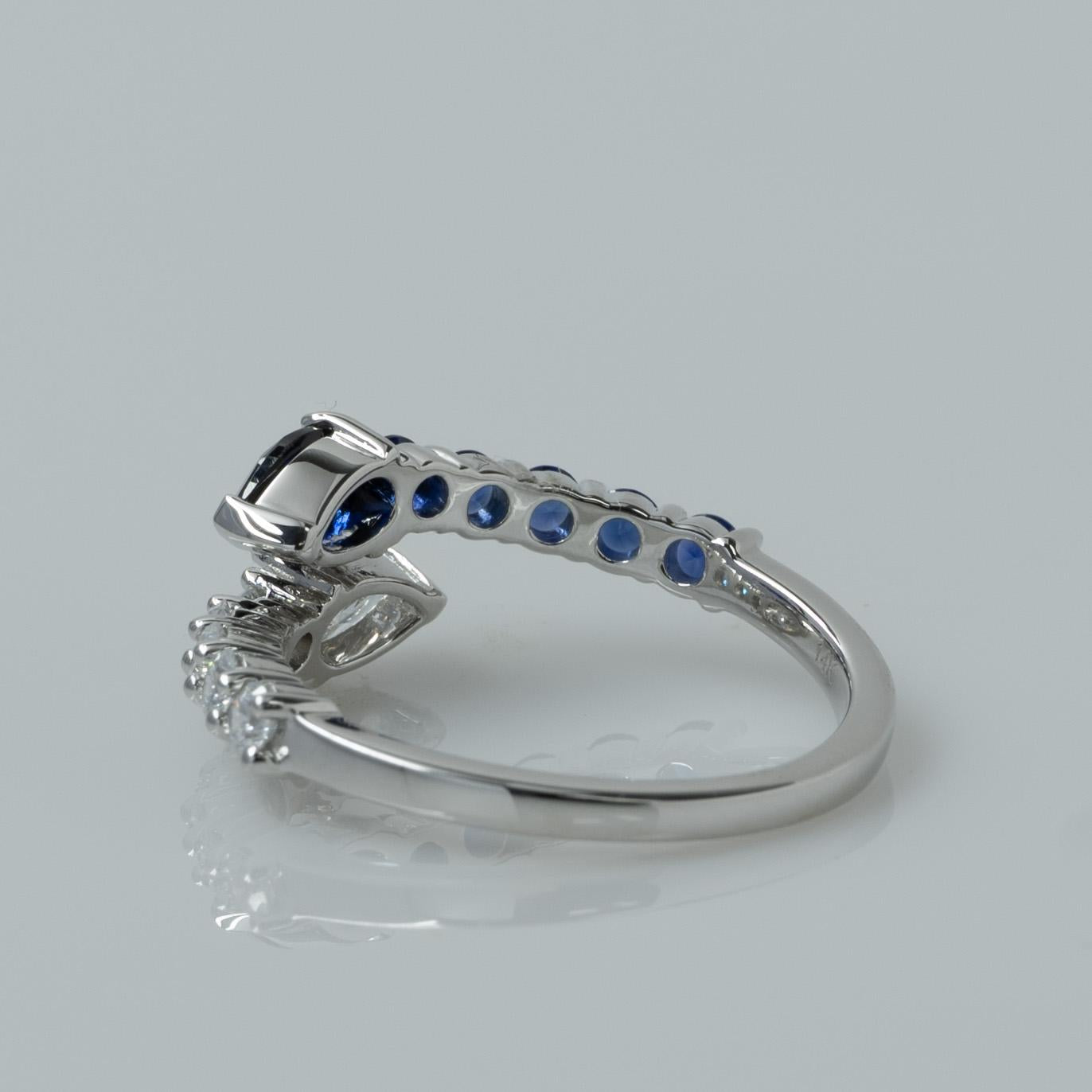 New Lab Diamond & Blue Sapphire Pear "Snake" Bypass Ring in 14k White Gold