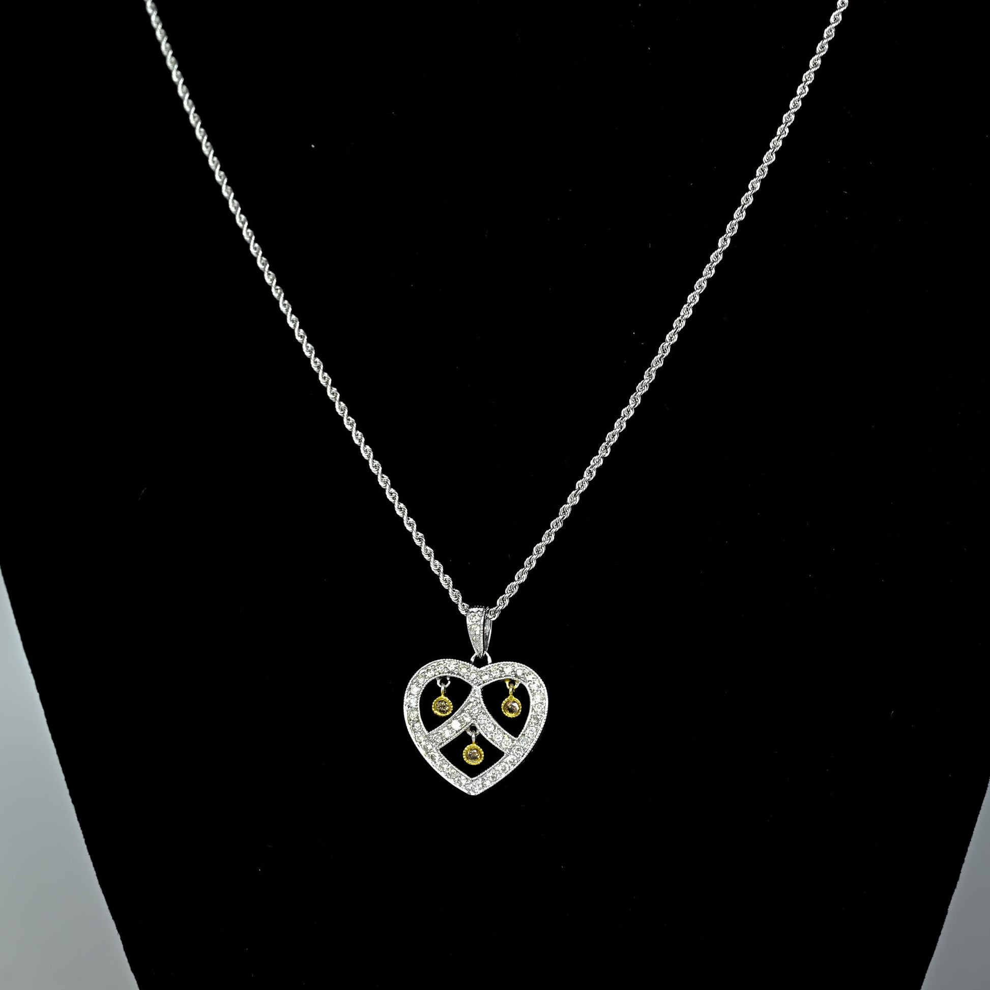 0.45ctw Diamond Heart Pendant w Yellow Diamond Dangle 14k Gold Rope Necklace