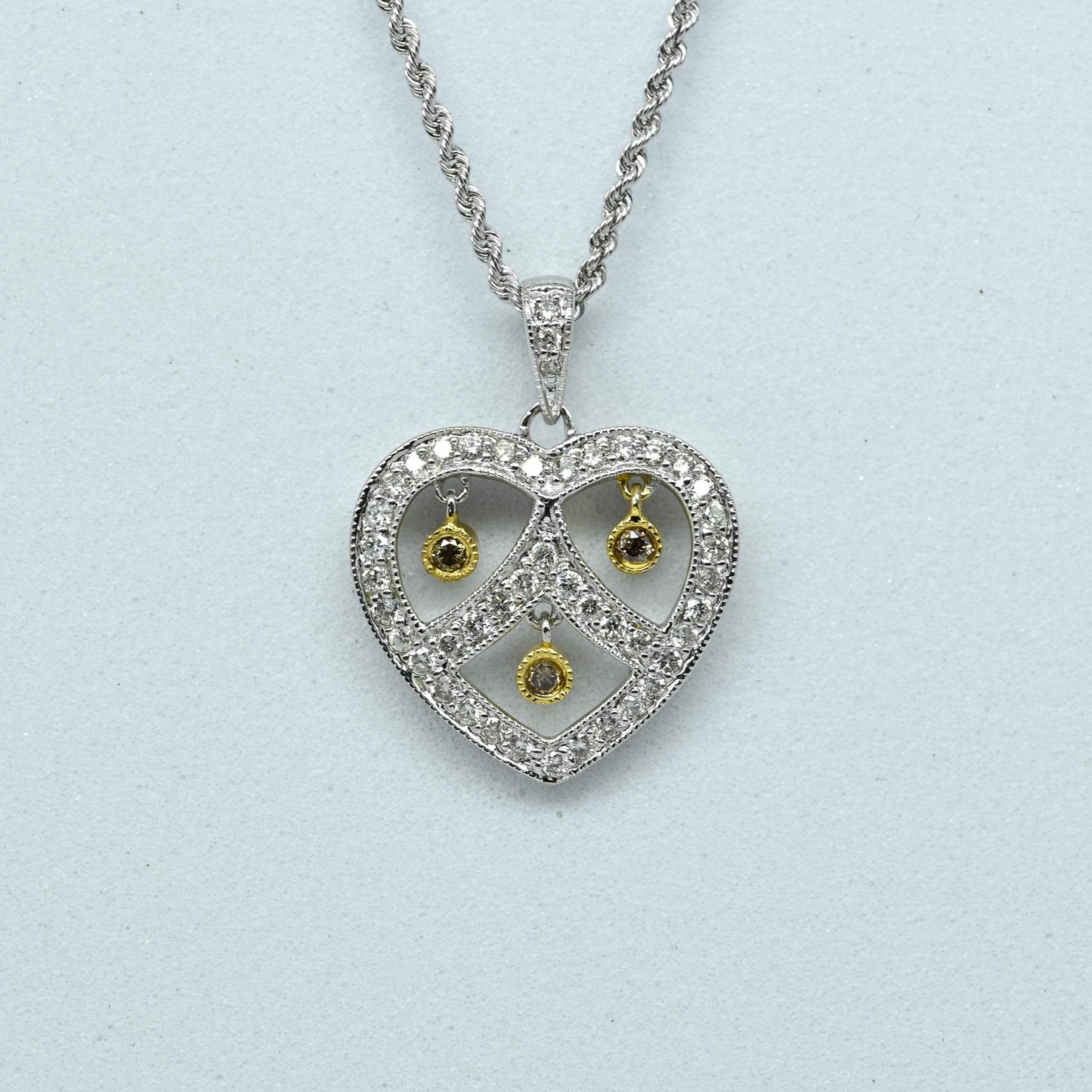 0.45ctw Diamond Heart Pendant w Yellow Diamond Dangle 14k Gold Rope Necklace