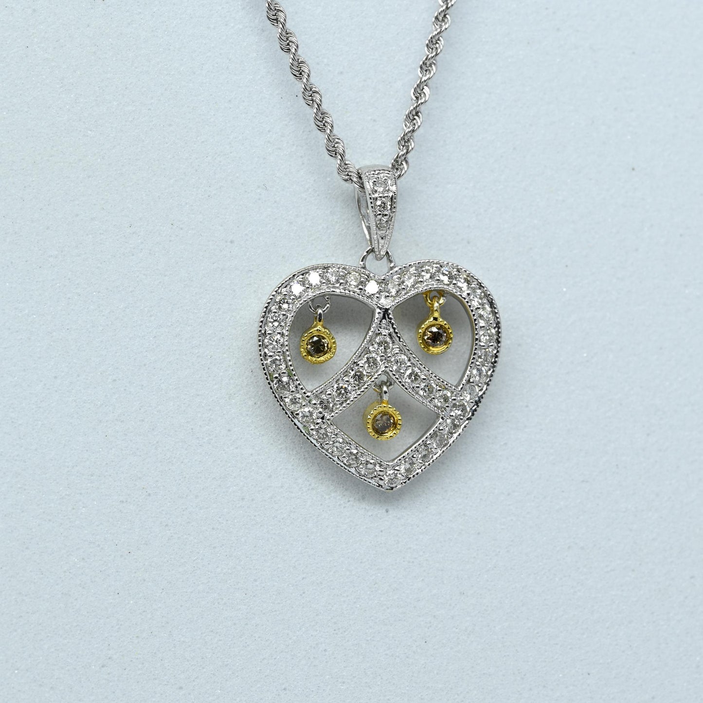 0.45ctw Diamond Heart Pendant w Yellow Diamond Dangle 14k Gold Rope Necklace