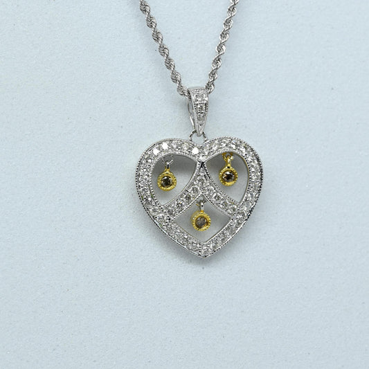 0.45ctw Diamond Heart Pendant w Yellow Diamond Dangle 14k Gold Rope Necklace