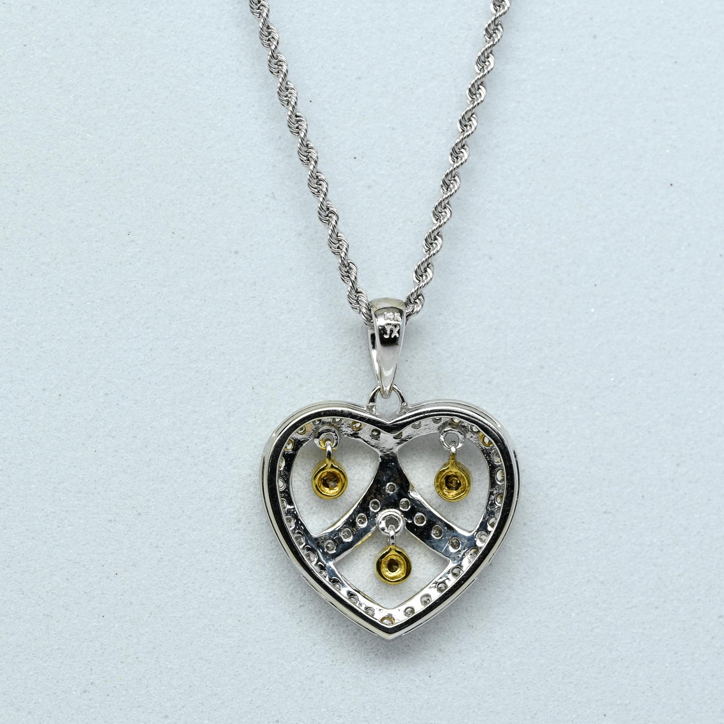 0.45ctw Diamond Heart Pendant w Yellow Diamond Dangle 14k Gold Rope Necklace