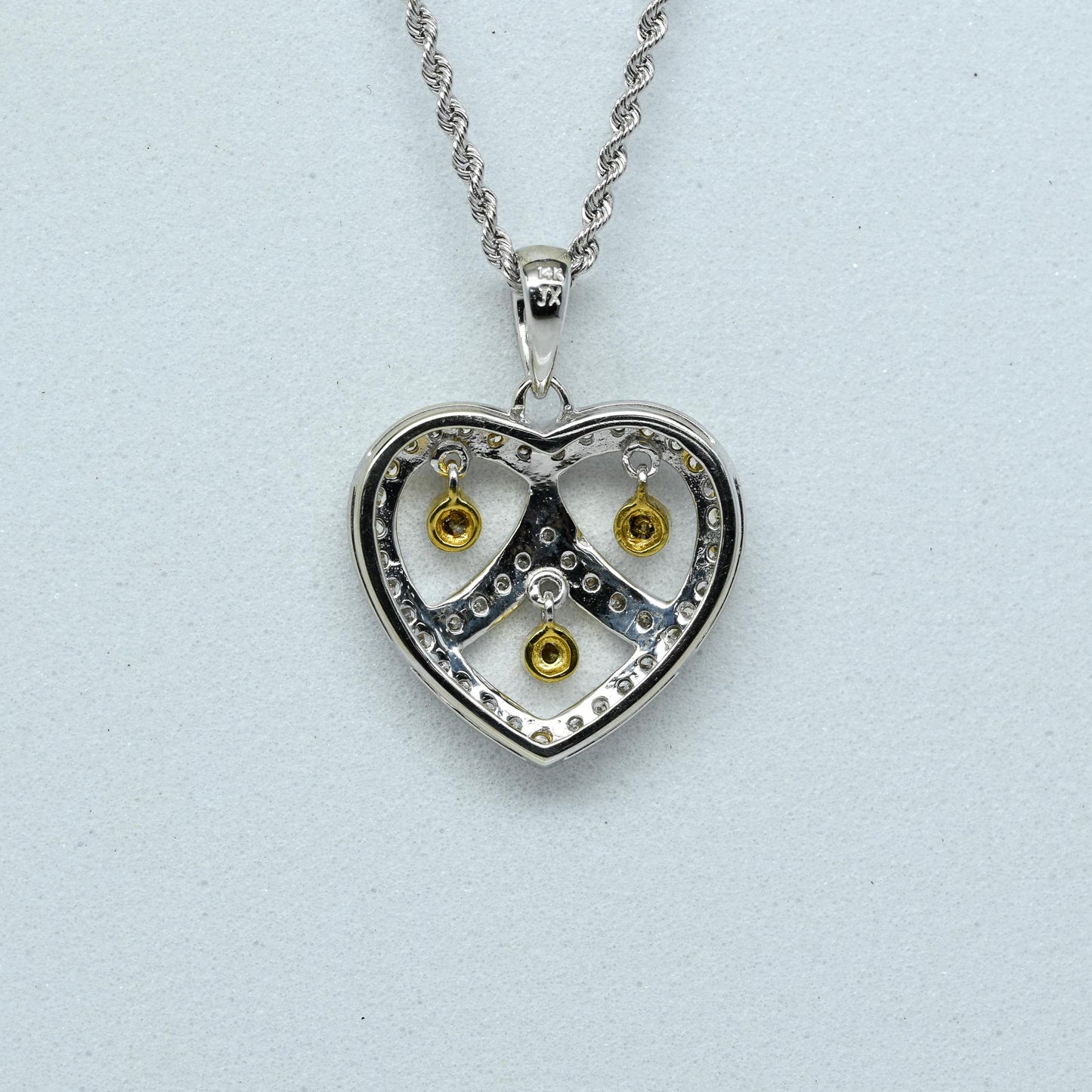 0.45ctw Diamond Heart Pendant w Yellow Diamond Dangle 14k Gold Rope Necklace