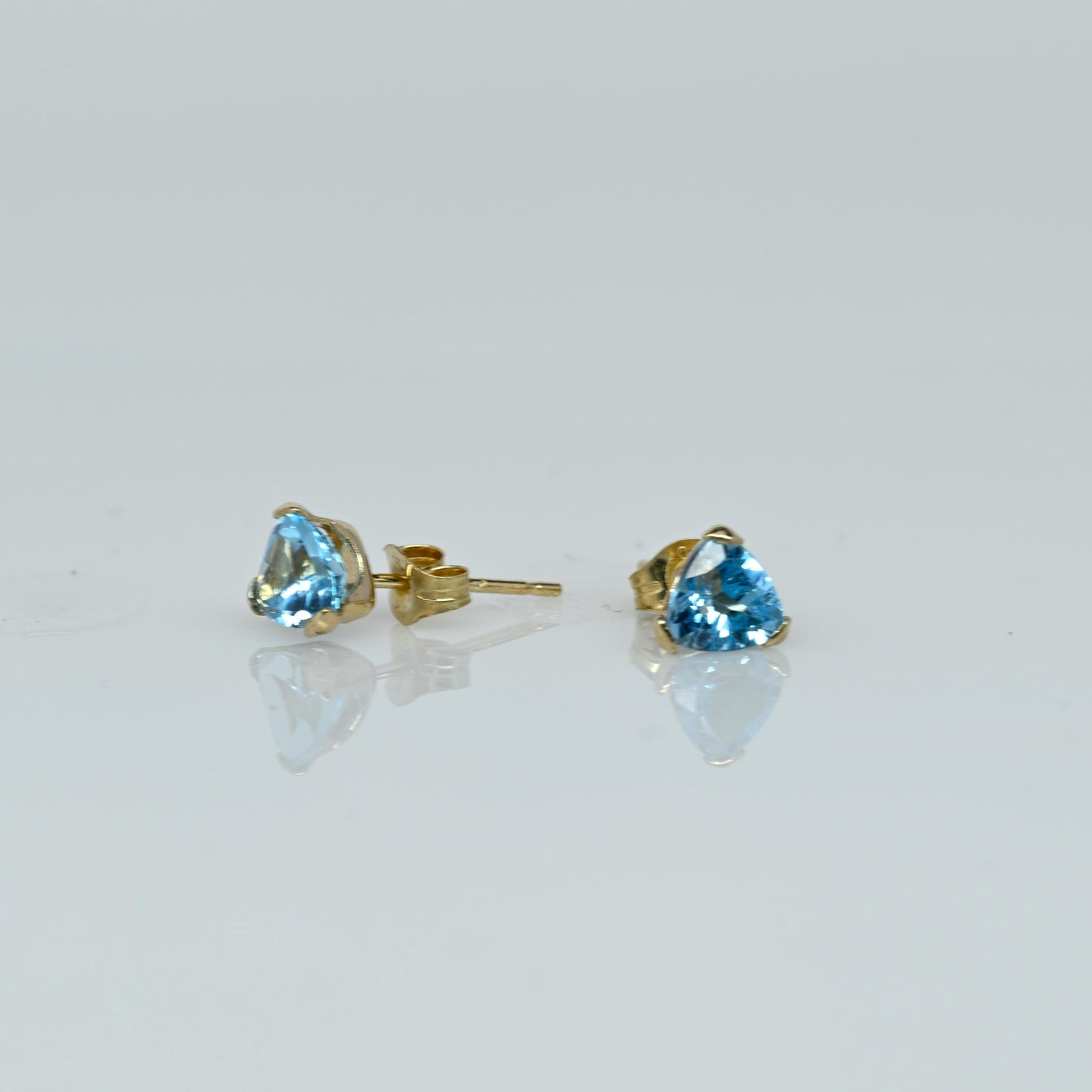 Blue Topaz Tri Cut Gemstone Yellow Gold Stud Earrings