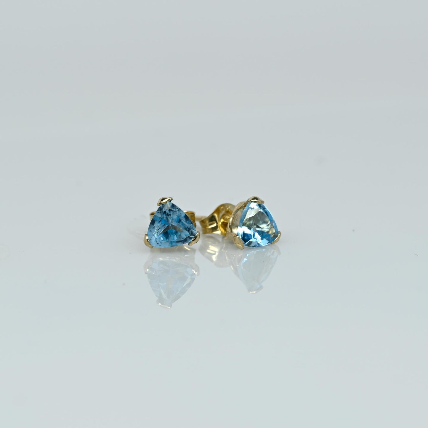 Blue Topaz Tri Cut Gemstone Yellow Gold Stud Earrings