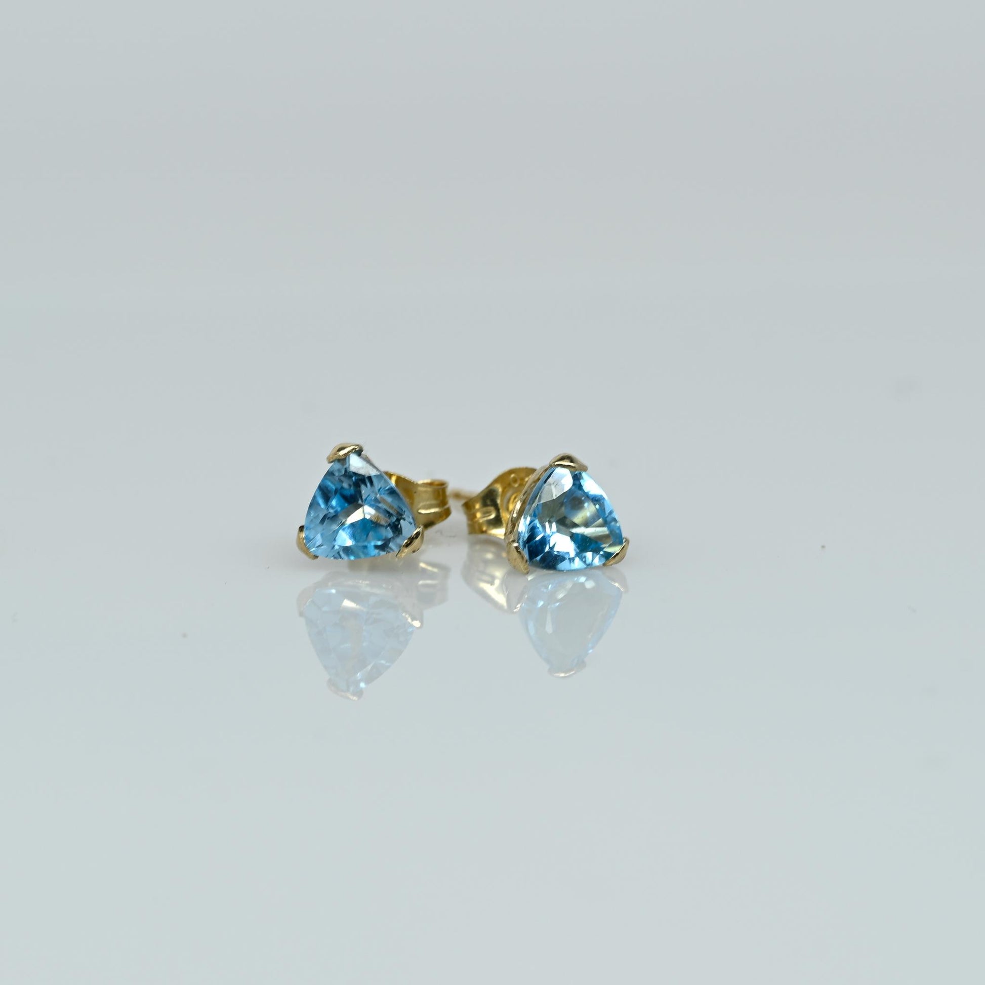 Blue Topaz Tri Cut Gemstone Yellow Gold Stud Earrings