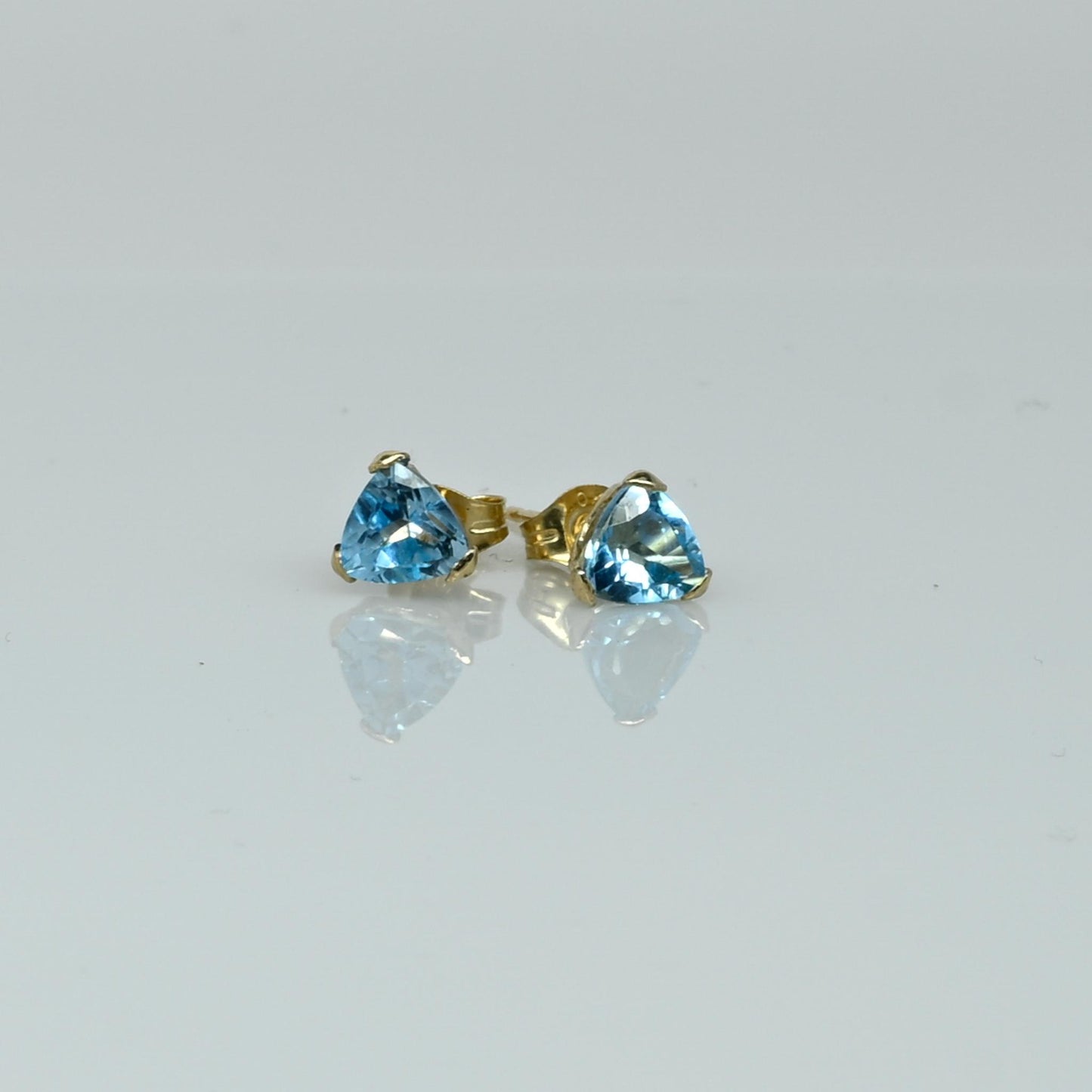 Blue Topaz Tri Cut Gemstone Yellow Gold Stud Earrings