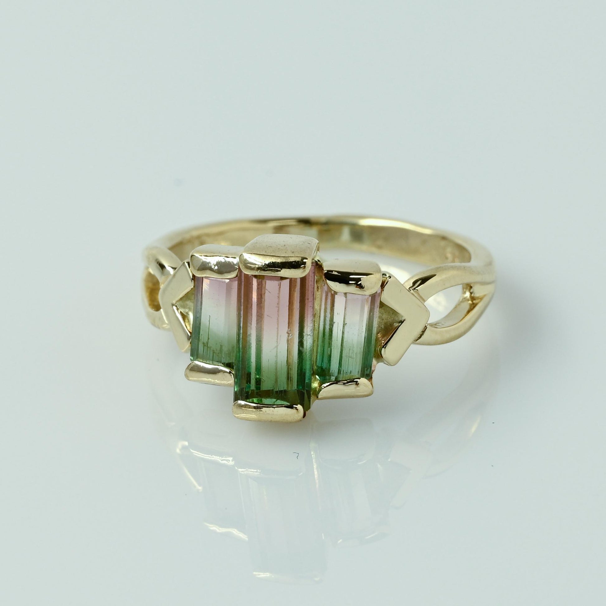 Watermelon Tourmaline Emerald Cut 3 Stone 14k Yellow Gold Ring