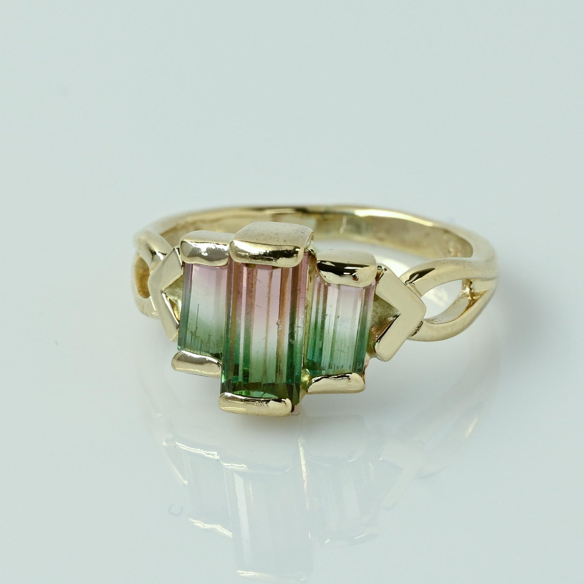 Watermelon Tourmaline Emerald Cut 3 Stone 14k Yellow Gold Ring