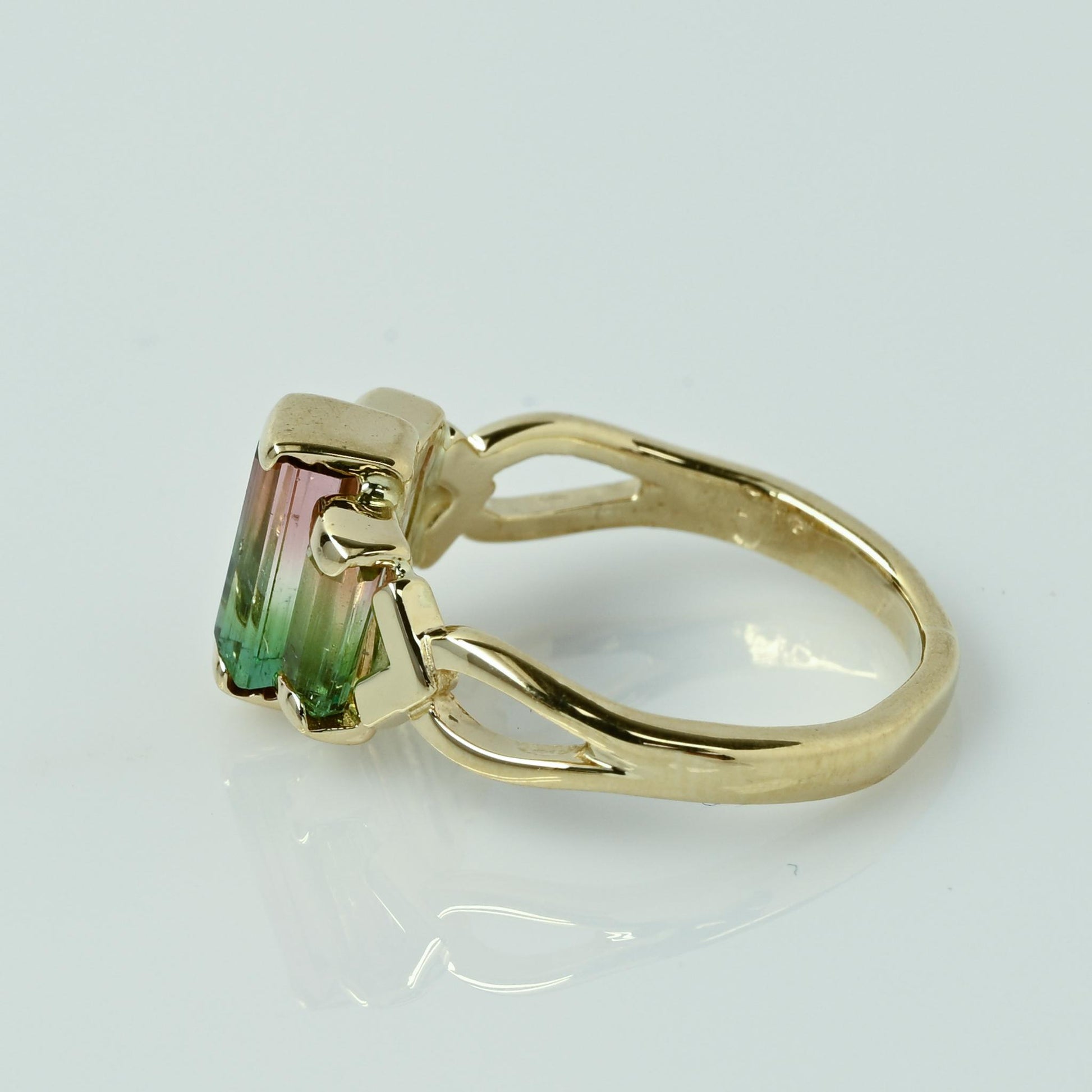 Watermelon Tourmaline Emerald Cut 3 Stone 14k Yellow Gold Ring