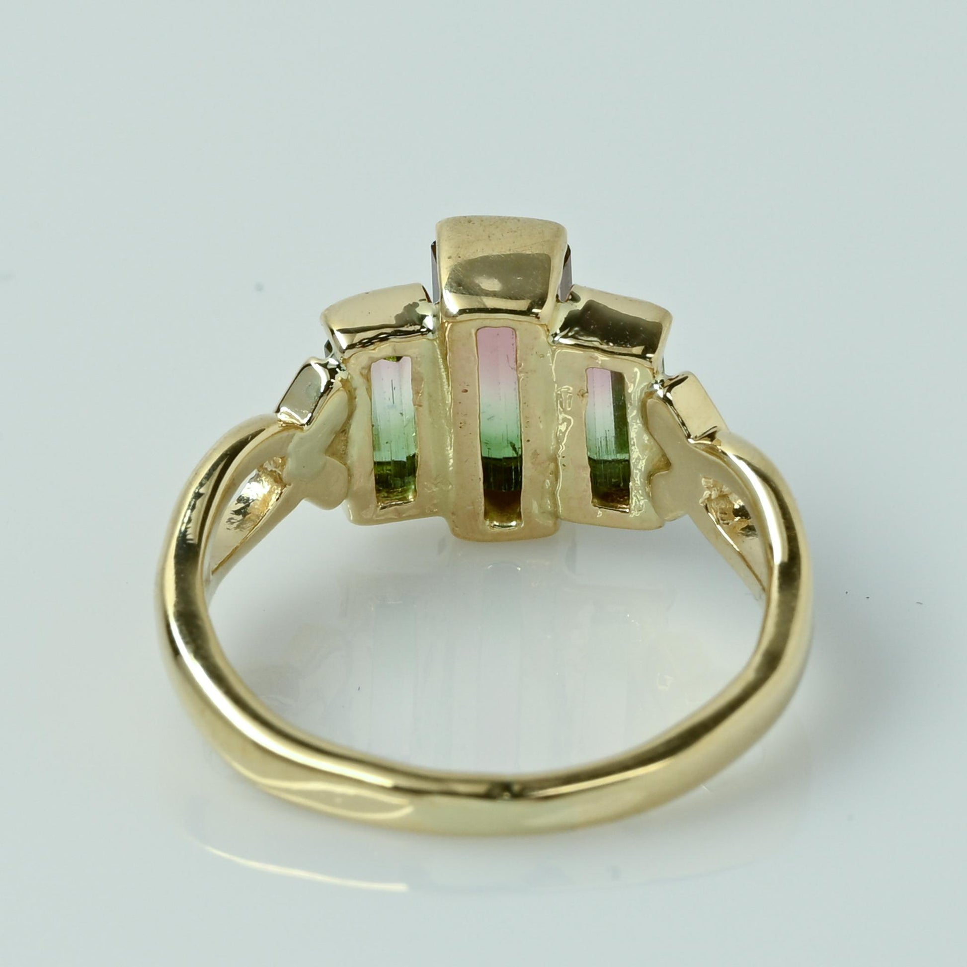 Watermelon Tourmaline Emerald Cut 3 Stone 14k Yellow Gold Ring