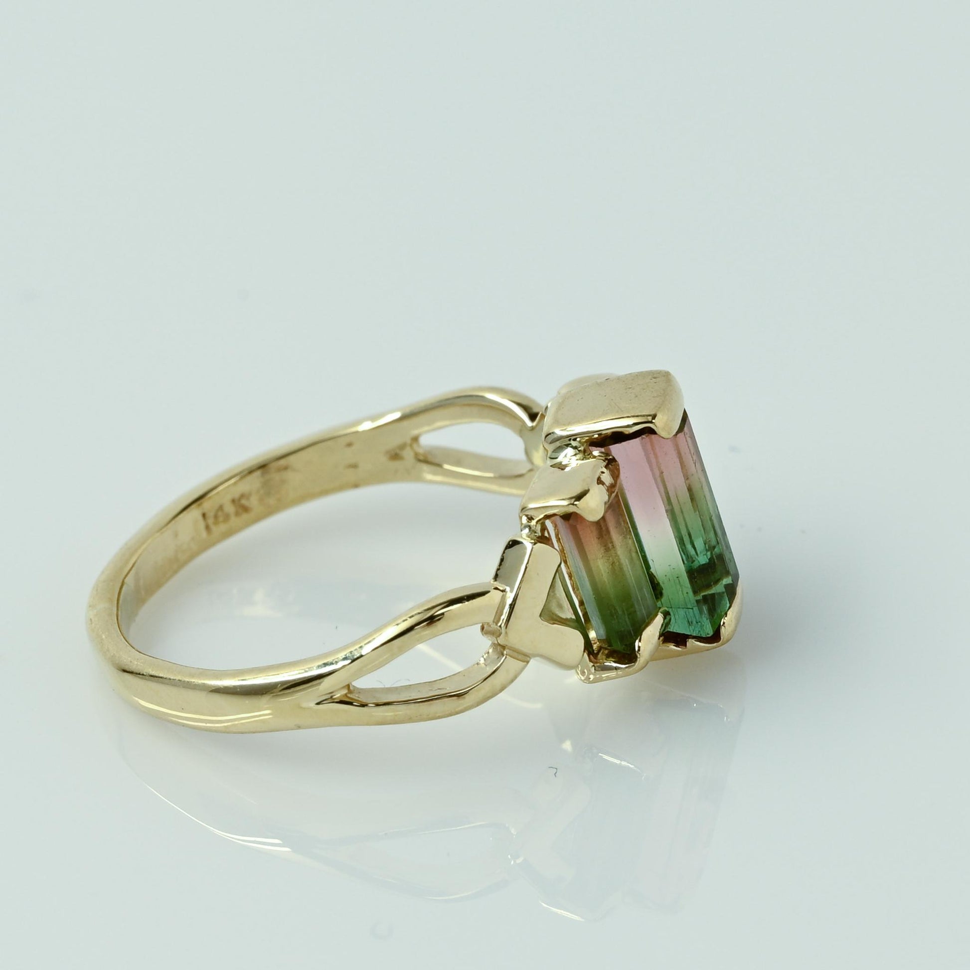 Watermelon Tourmaline Emerald Cut 3 Stone 14k Yellow Gold Ring