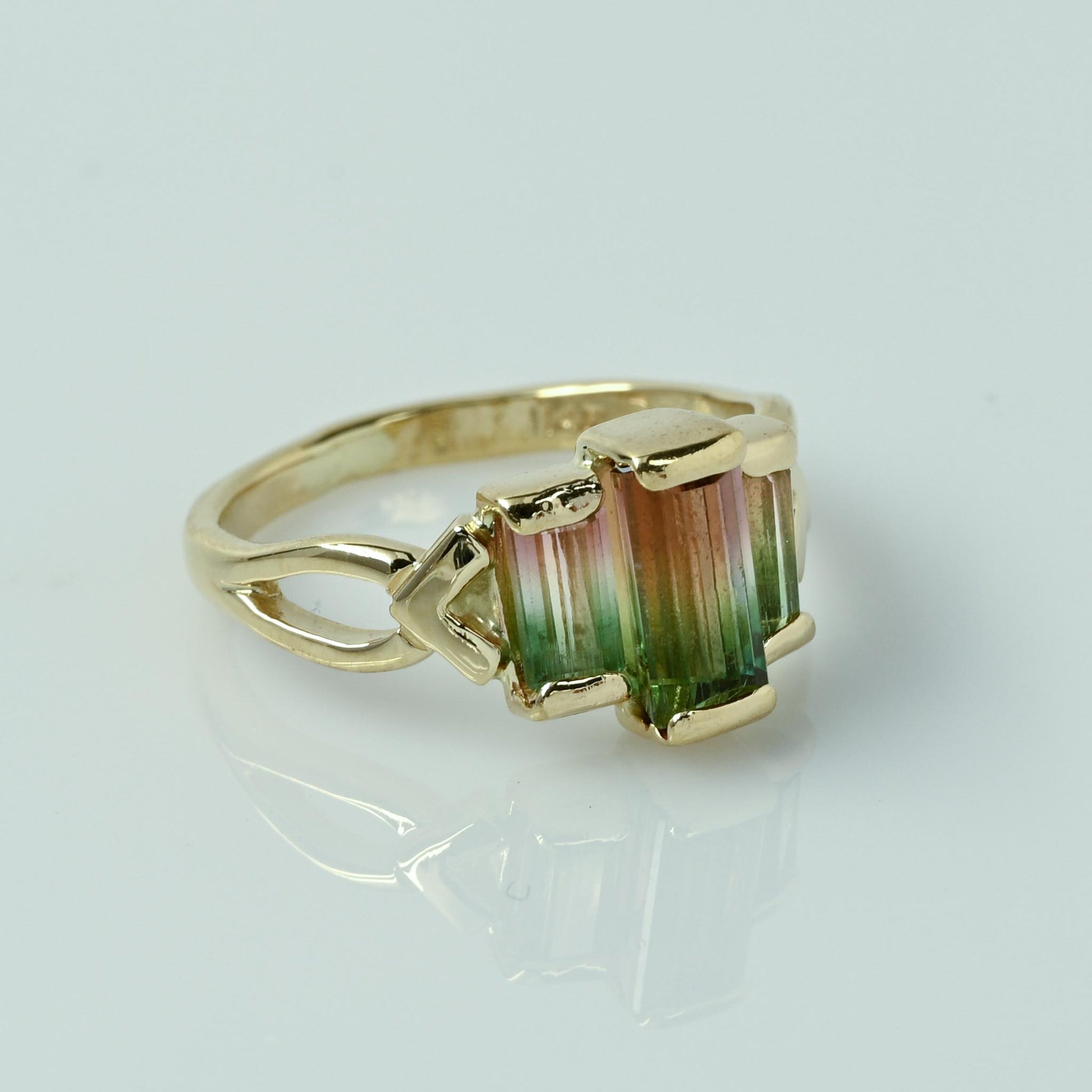 Watermelon Tourmaline Emerald Cut 3 Stone 14k Yellow Gold Ring