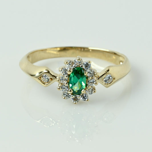 Emerald Oval w Diamond Halo 14k Yellow Gold Ring