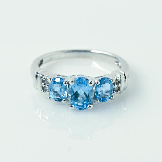 Blue Topaz 3 Stone Diamond Accent 10k White Gold Ring