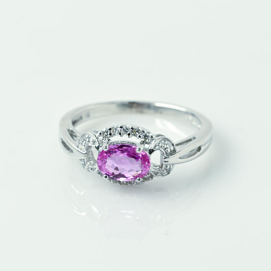 Pink Sapphire Oval & Diamond East-West Set 18k White Gold Ring