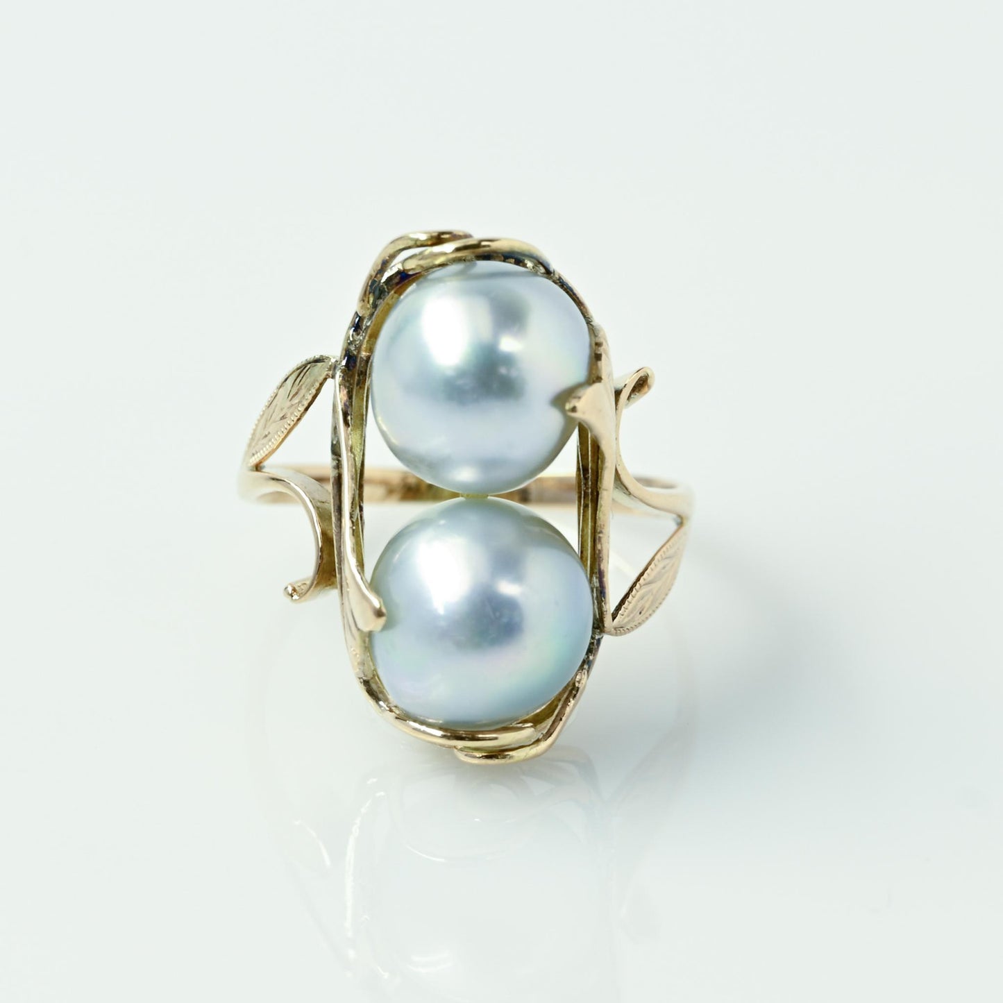 Double Blueish Gray Pearl 14k Yellow Gold Ring