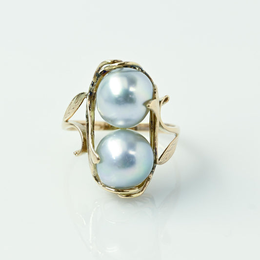 Double Blueish Gray Pearl 14k Yellow Gold Ring