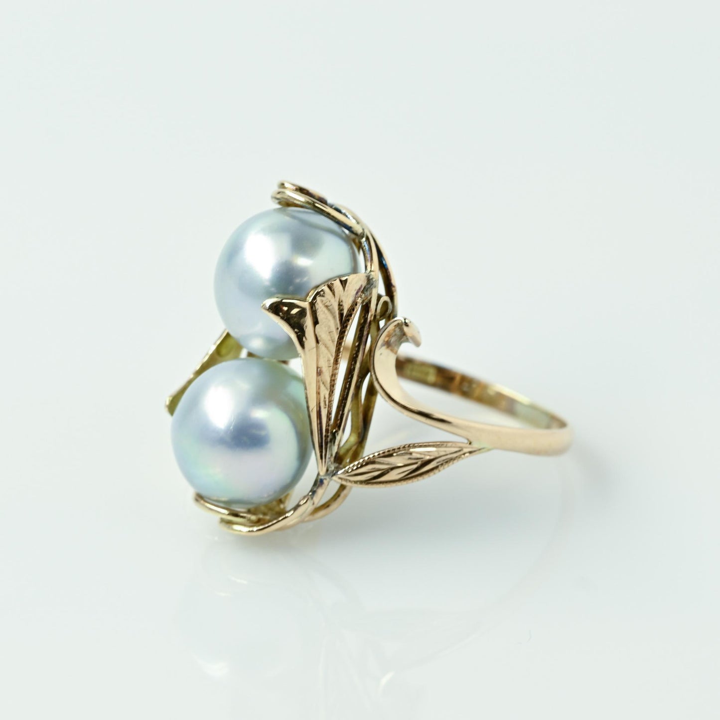 Double Blueish Gray Pearl 14k Yellow Gold Ring