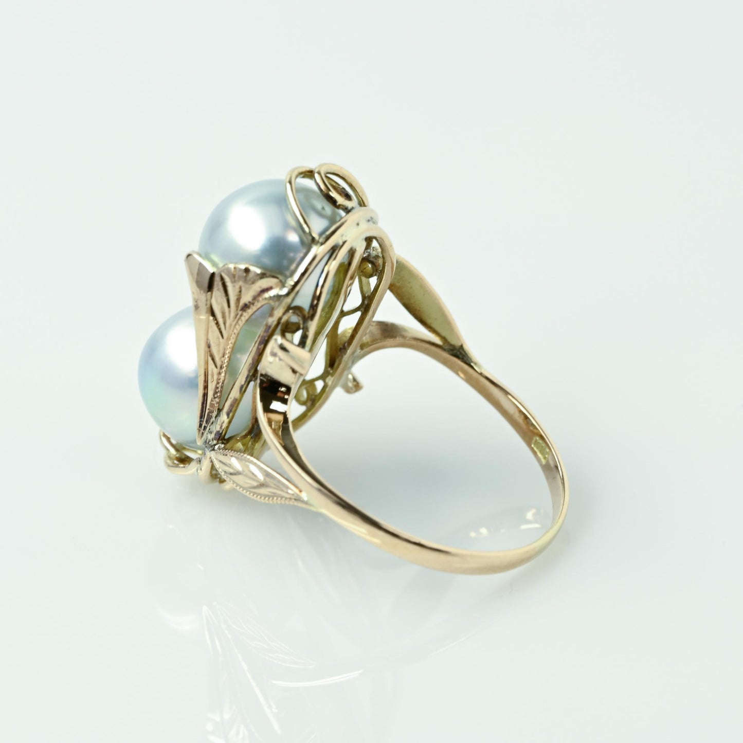 Double Blueish Gray Pearl 14k Yellow Gold Ring