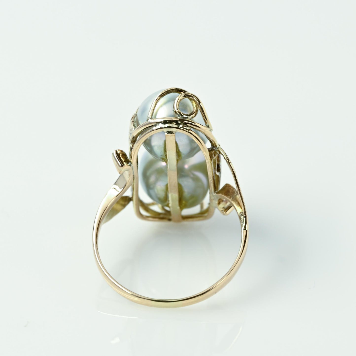 Double Blueish Gray Pearl 14k Yellow Gold Ring