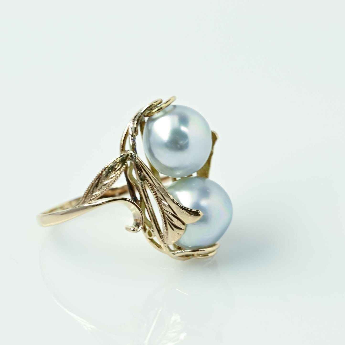 Double Blueish Gray Pearl 14k Yellow Gold Ring