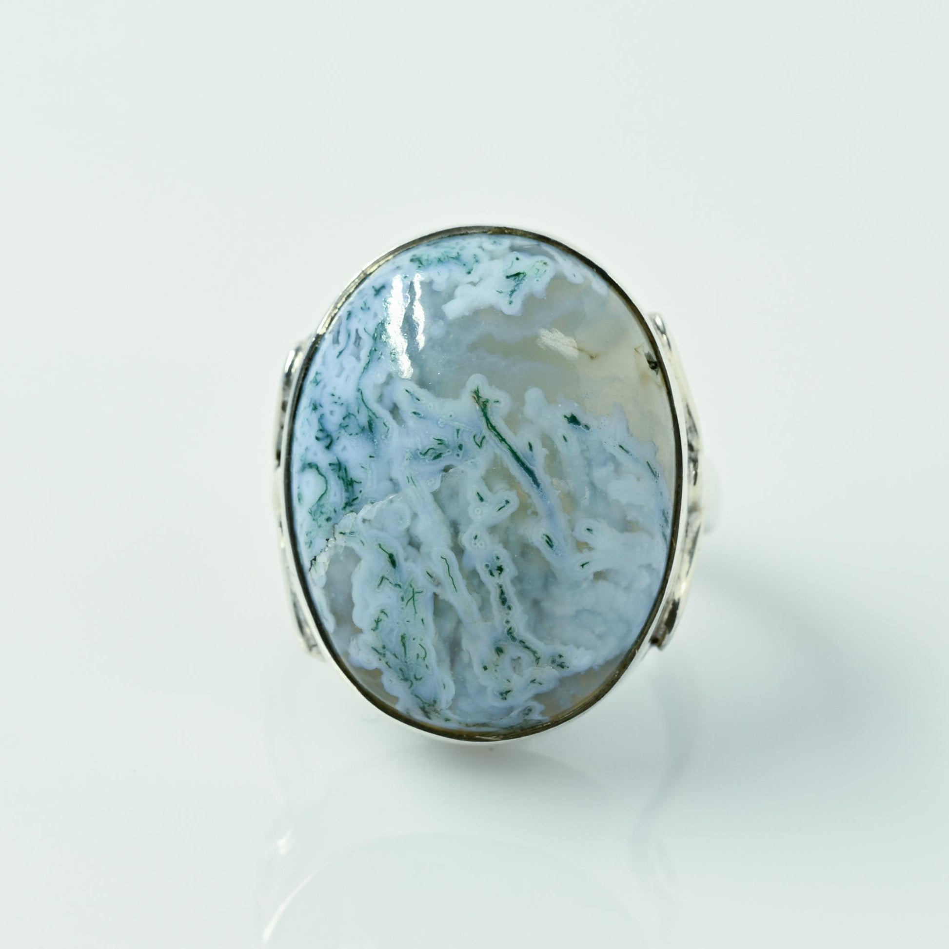 Moss Agate Oval Bezel Set Sterling Silver Ring