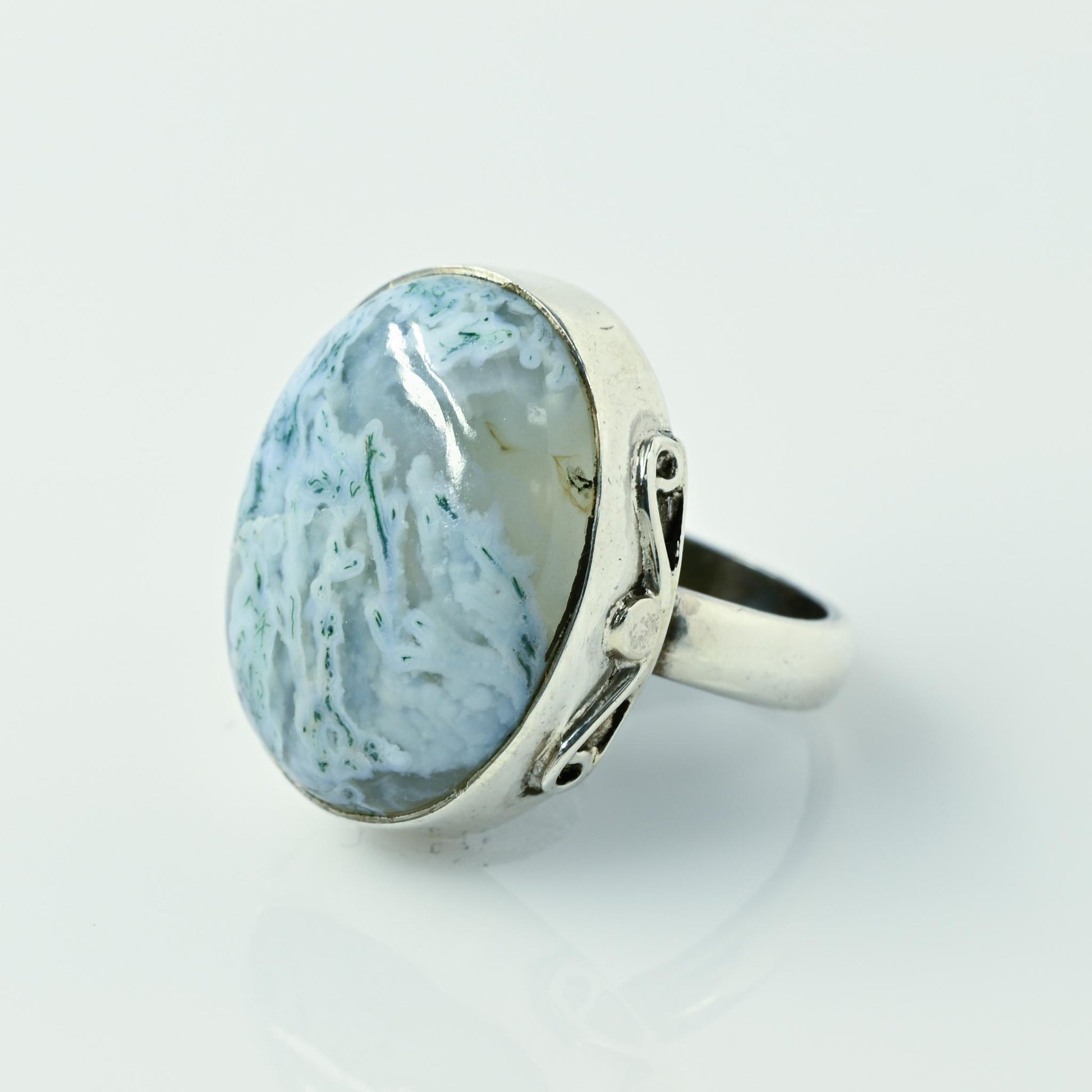 Moss Agate Oval Bezel Set Sterling Silver Ring