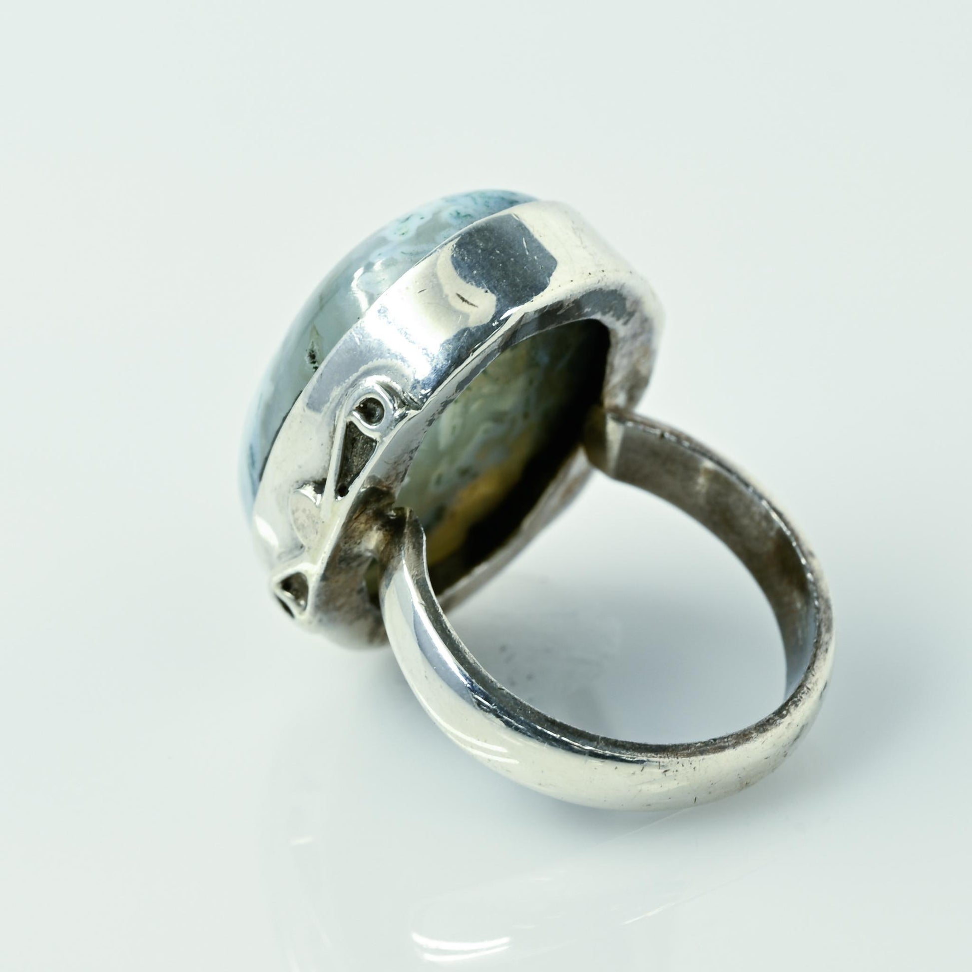 Moss Agate Oval Bezel Set Sterling Silver Ring