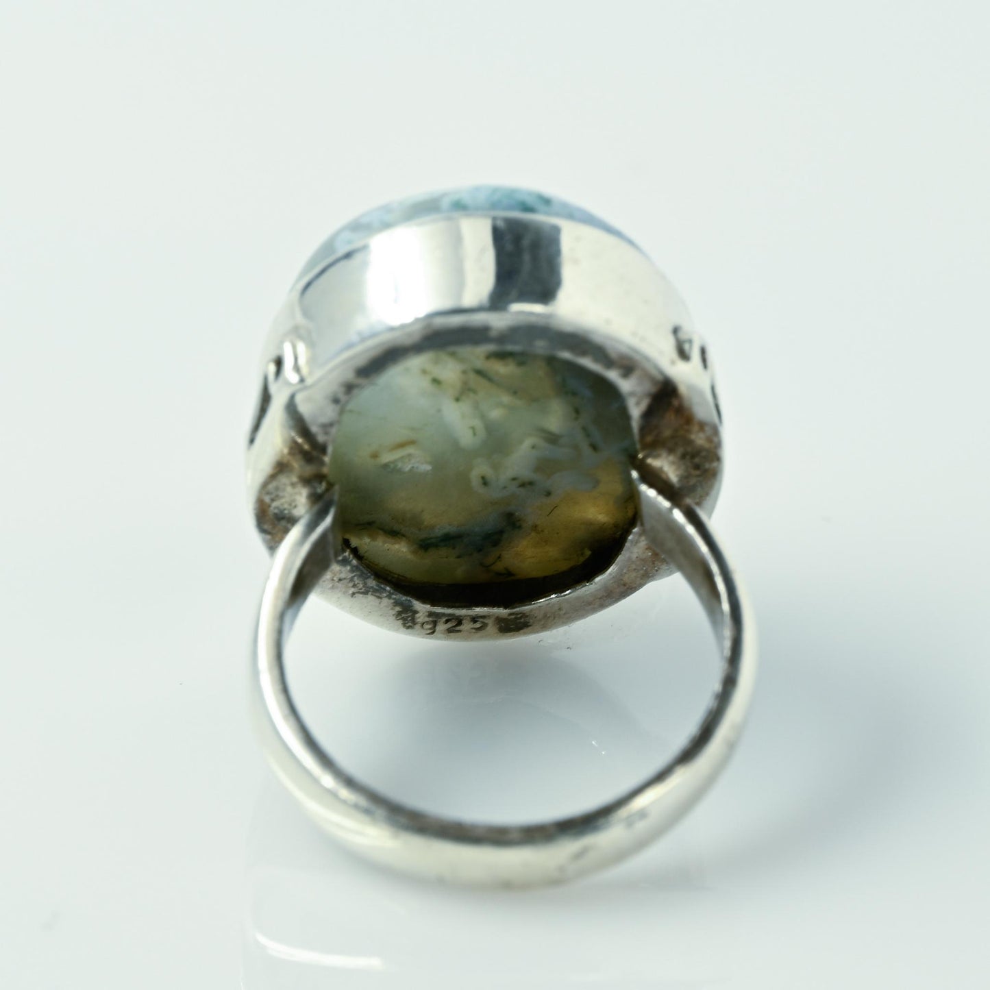 Moss Agate Oval Bezel Set Sterling Silver Ring