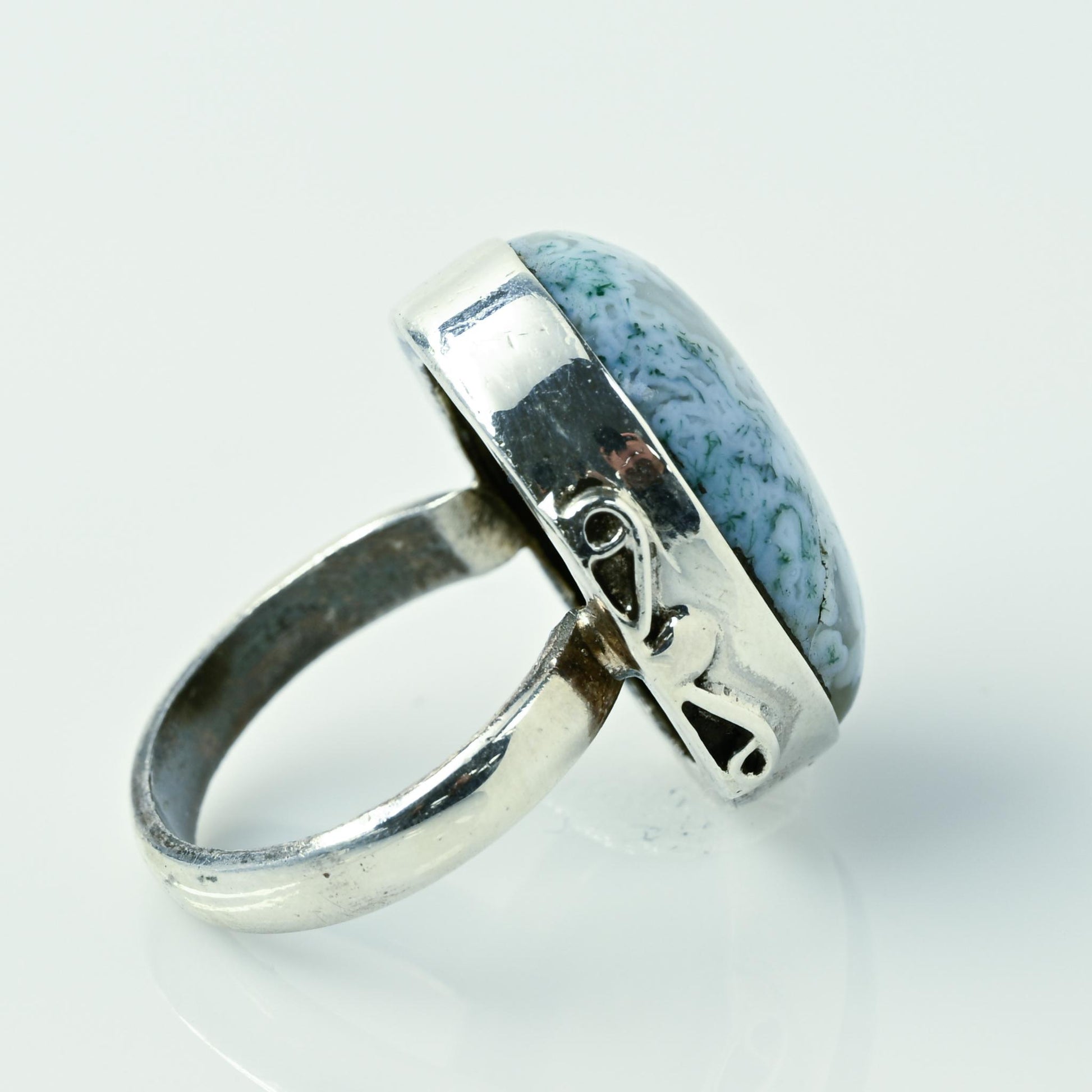 Moss Agate Oval Bezel Set Sterling Silver Ring