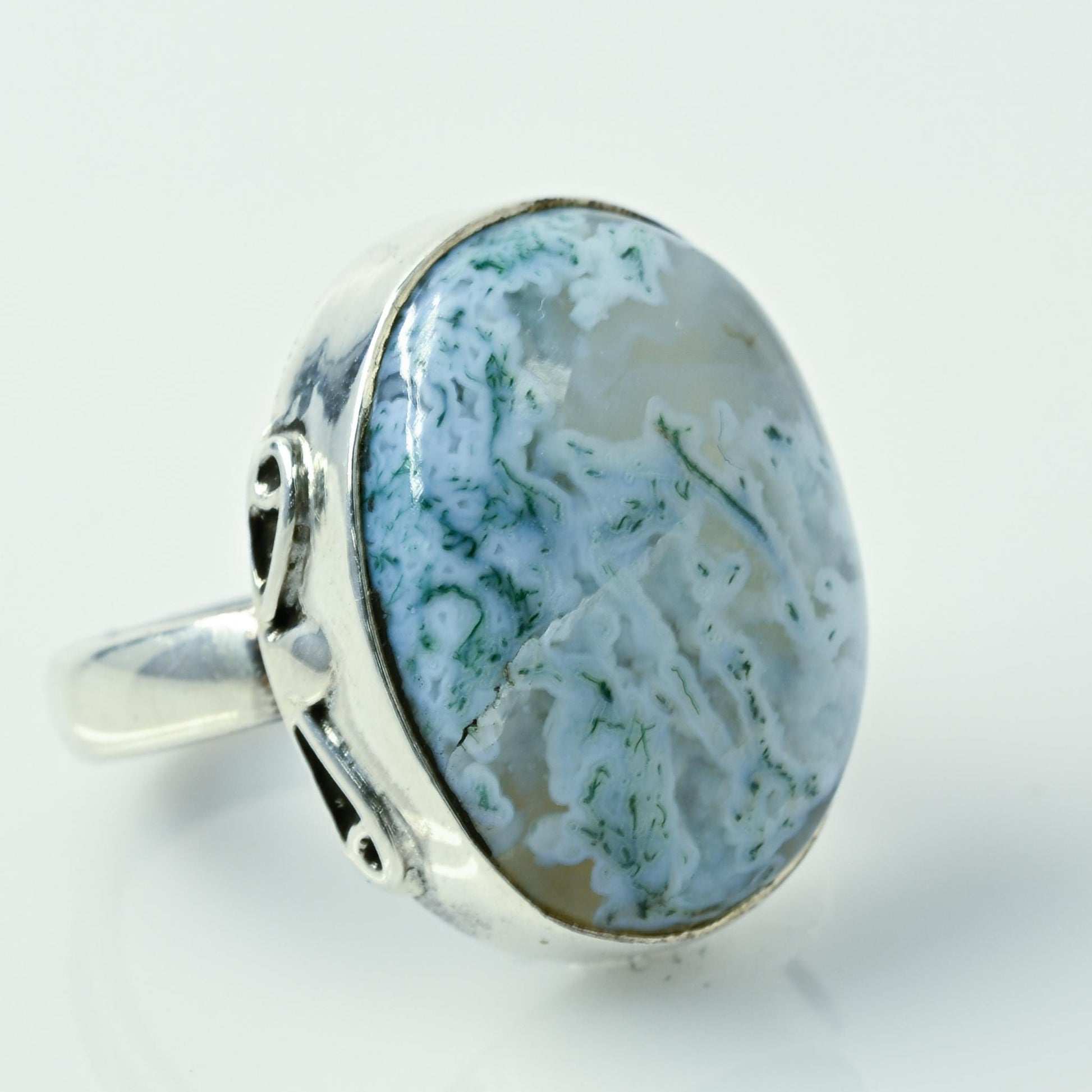 Moss Agate Oval Bezel Set Sterling Silver Ring