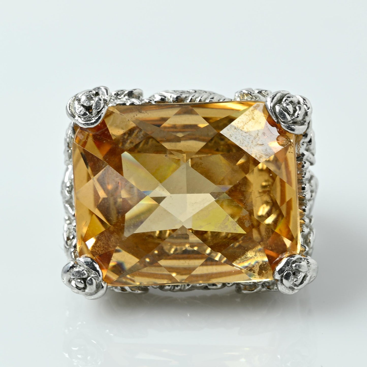 Bold  Citrine Rectangle Rose Motif Statement Ring