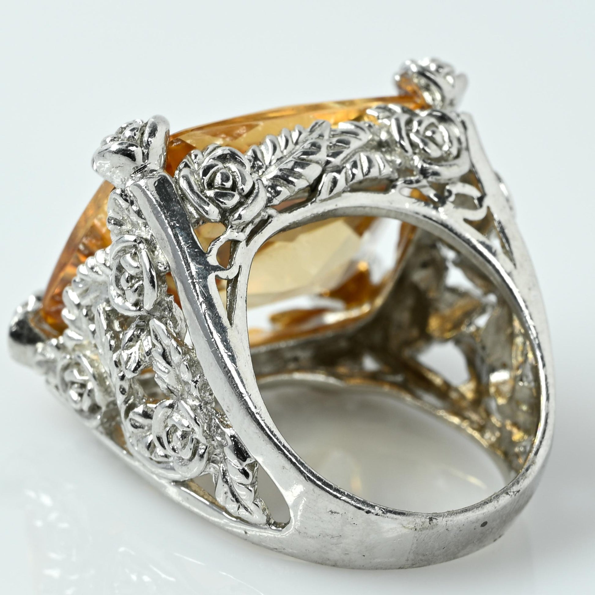 Bold  Citrine Rectangle Rose Motif Statement Ring