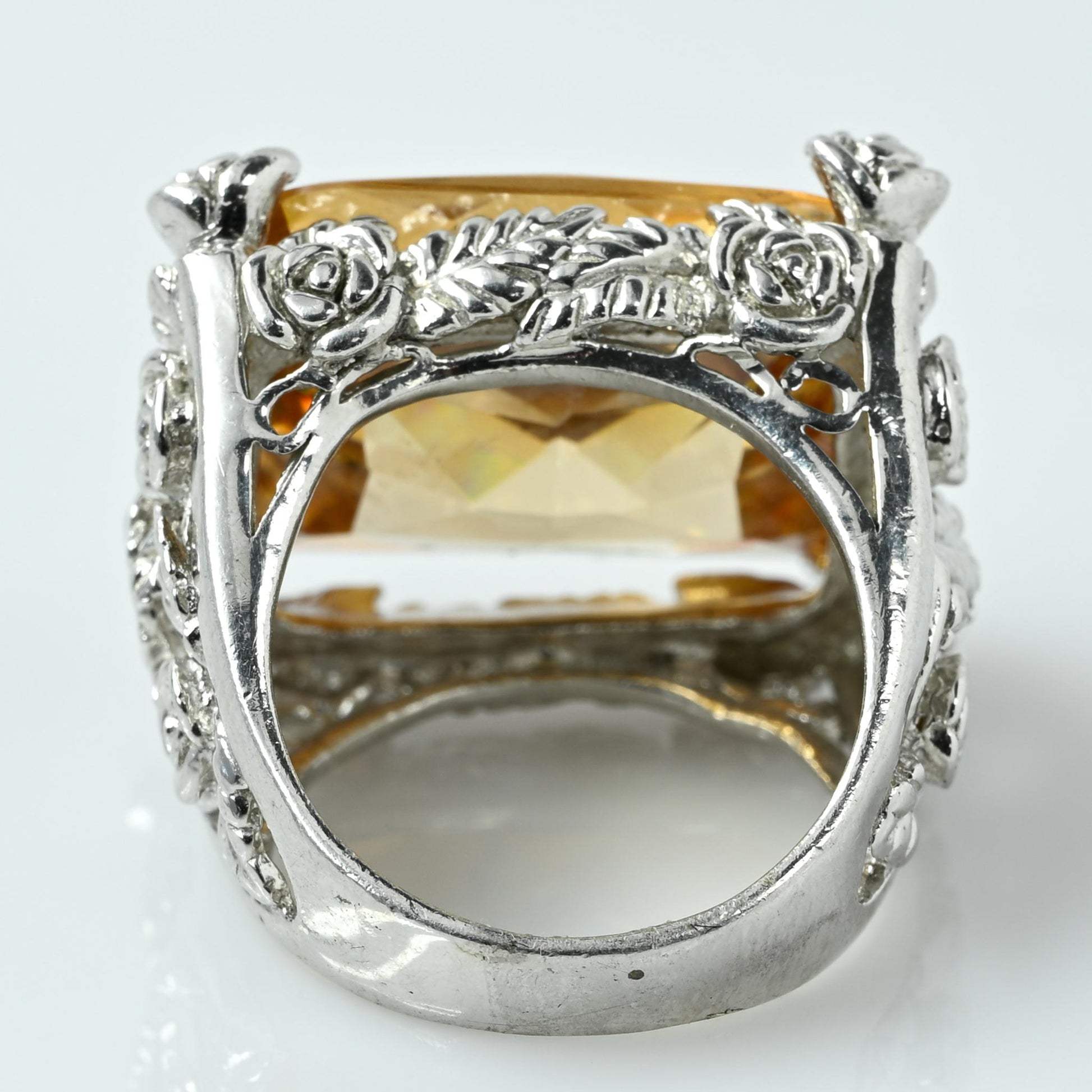 Bold  Citrine Rectangle Rose Motif Statement Ring