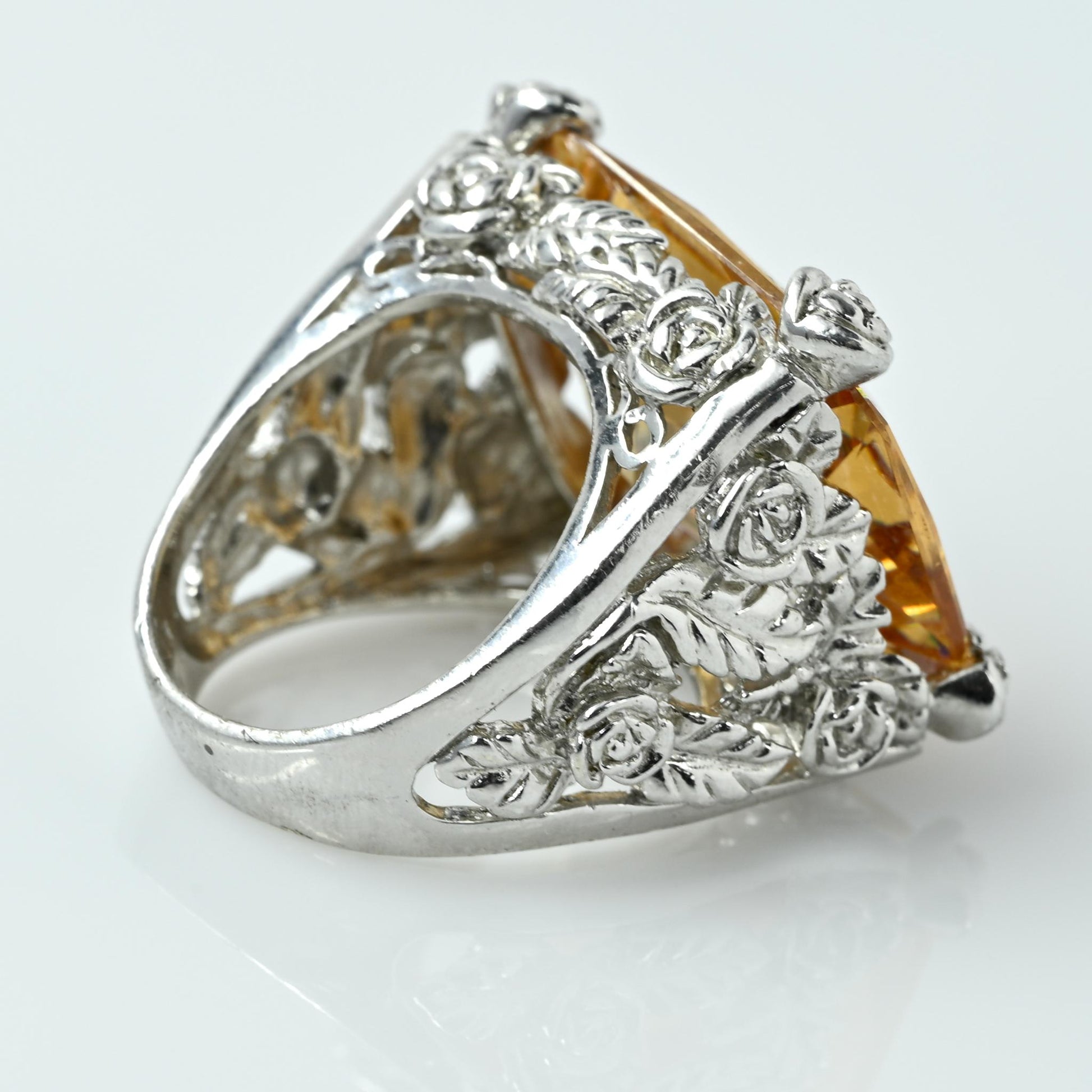 Bold  Citrine Rectangle Rose Motif Statement Ring